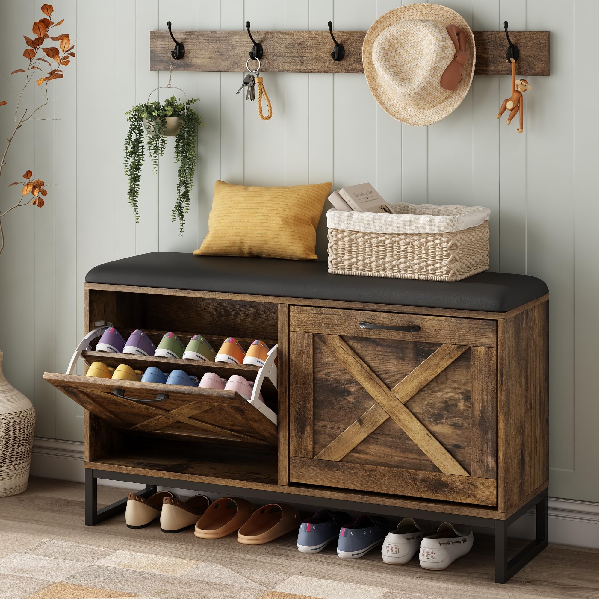 Maupvit Shoe Cabinet with 2 Flip Drawers & Coat Rack - Entryway Storage Bench with Seat Cushion, 5 Large Metal Hooks - Locking Wall Mount for Stability - Rustic Brown Shoe Organizer for Hallway, Mudroom & Living Room