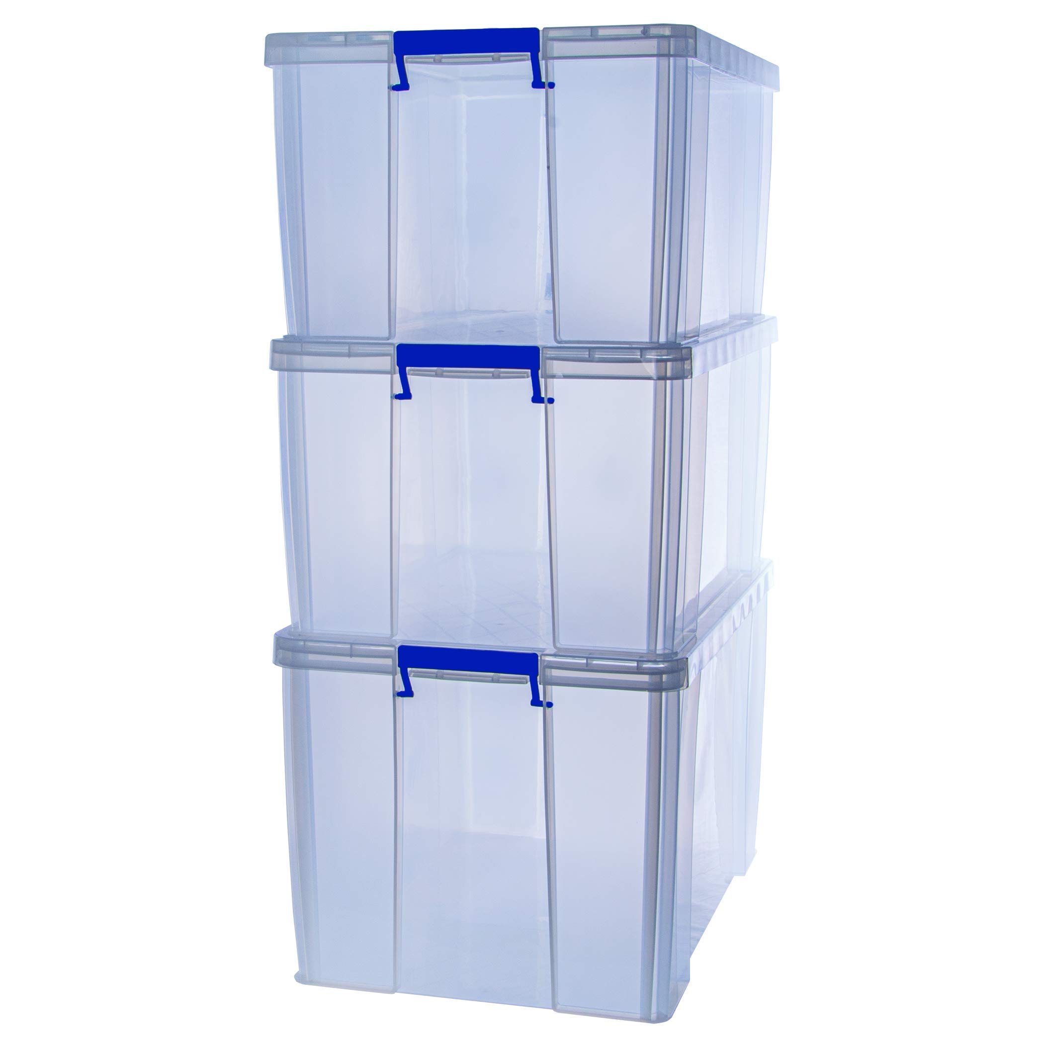Bankers Box ProStore Clear Plastic Storage Boxes with Lids - 3-Pack (2 x 70L + 1 x 85L) | Heavy Duty Stackable Storage Containers | Made in UK | Ideal for Home Organization, Office Supplies & Garage Storage