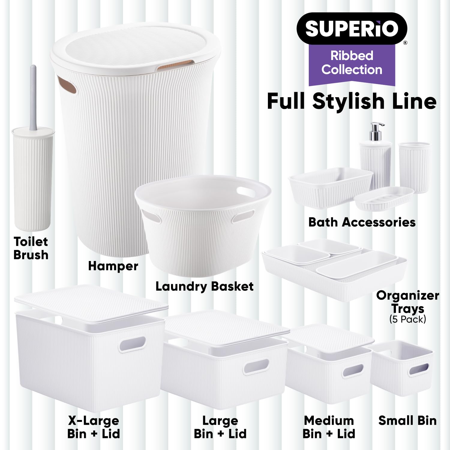 Superior Ribbed Plastic Storage Bins - 6 Pack White Organizer Baskets (15L/16Qt) for Home, Closet, Shelf & Drawer Organization | Space-Saving Decorative Containers for Bedroom, Bathroom & Office