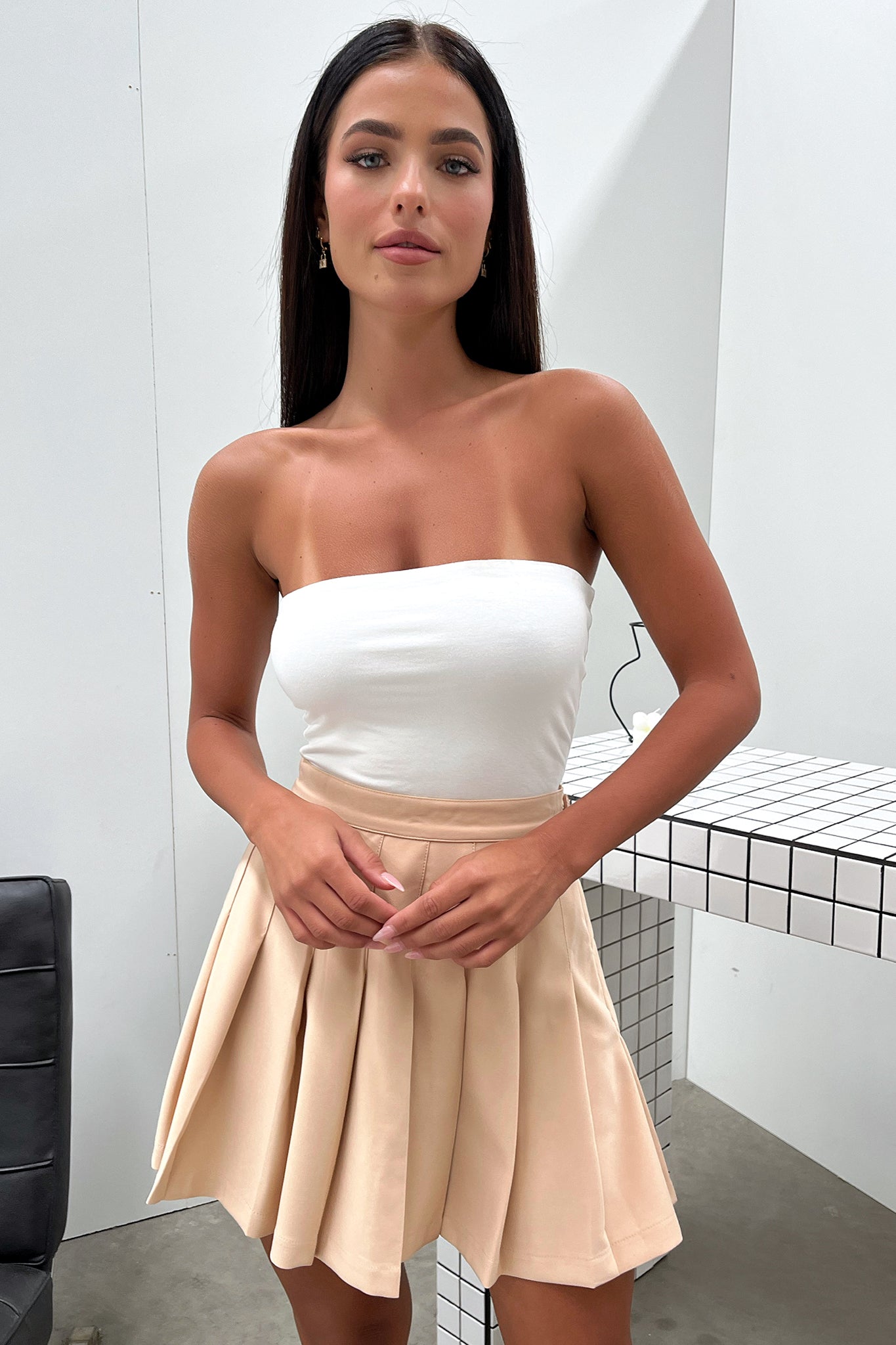 Kareena Skirt in Tan - Women's Casual Midi Skirt for Summer, Fall & Office Wear | Comfortable Stretchy Fabric for Everyday Outfits