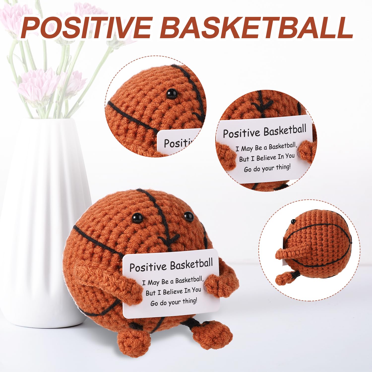 Positive Crochet Basketball Plush Toy - Handmade Knitted Basketball Doll for Kids & Adults - Emotional Support Gift for Stress Relief, Anxiety Comfort - Perfect for Home Decor, Office Desk, Nursery, and Therapy Sessions