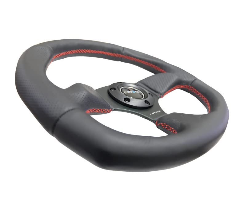NRG Innovations NRG-RST-009R-RS Black Leather Steering Wheel with Red Stitch - High Performance Reinforced Racing Wheel for Drifting, Track & Street Use