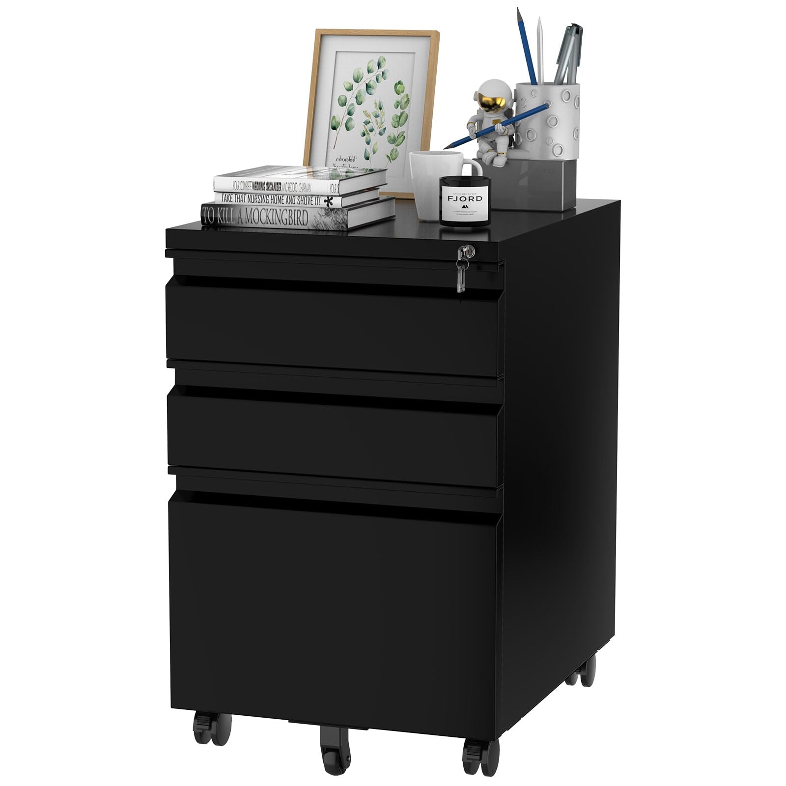 FLEXISPOT 3-Drawer Metal File Cabinet with Lock - Mobile Under Desk Storage for Legal/Letter/A4 Files - Fully Assembled Home Office Organizer (Black) - Perfect for Small Spaces & Document Management