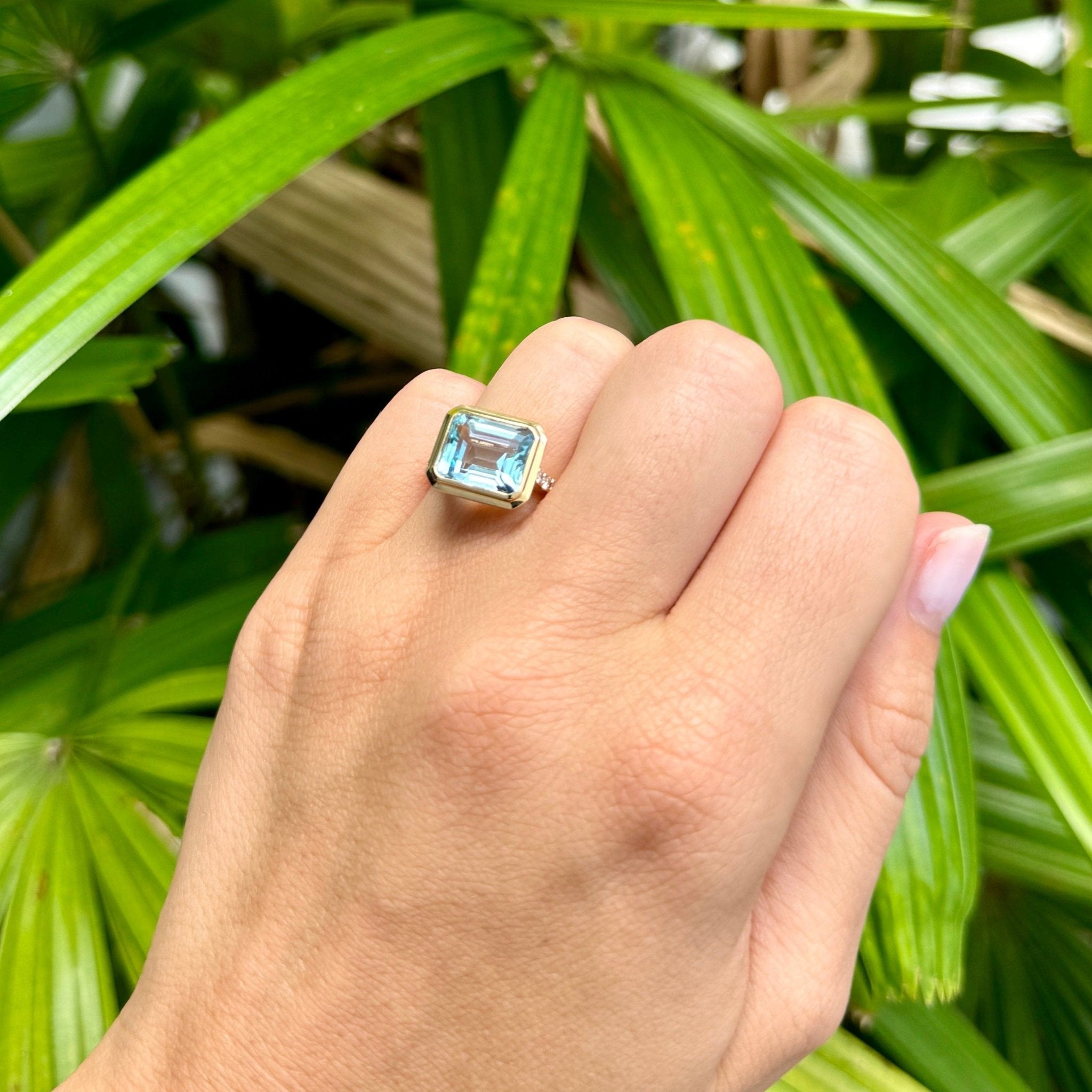 Emerald Cut Blue Topaz & Diamond 18K Yellow Gold Ring for Women - Elegant Wedding, Engagement, Anniversary Jewelry Gift