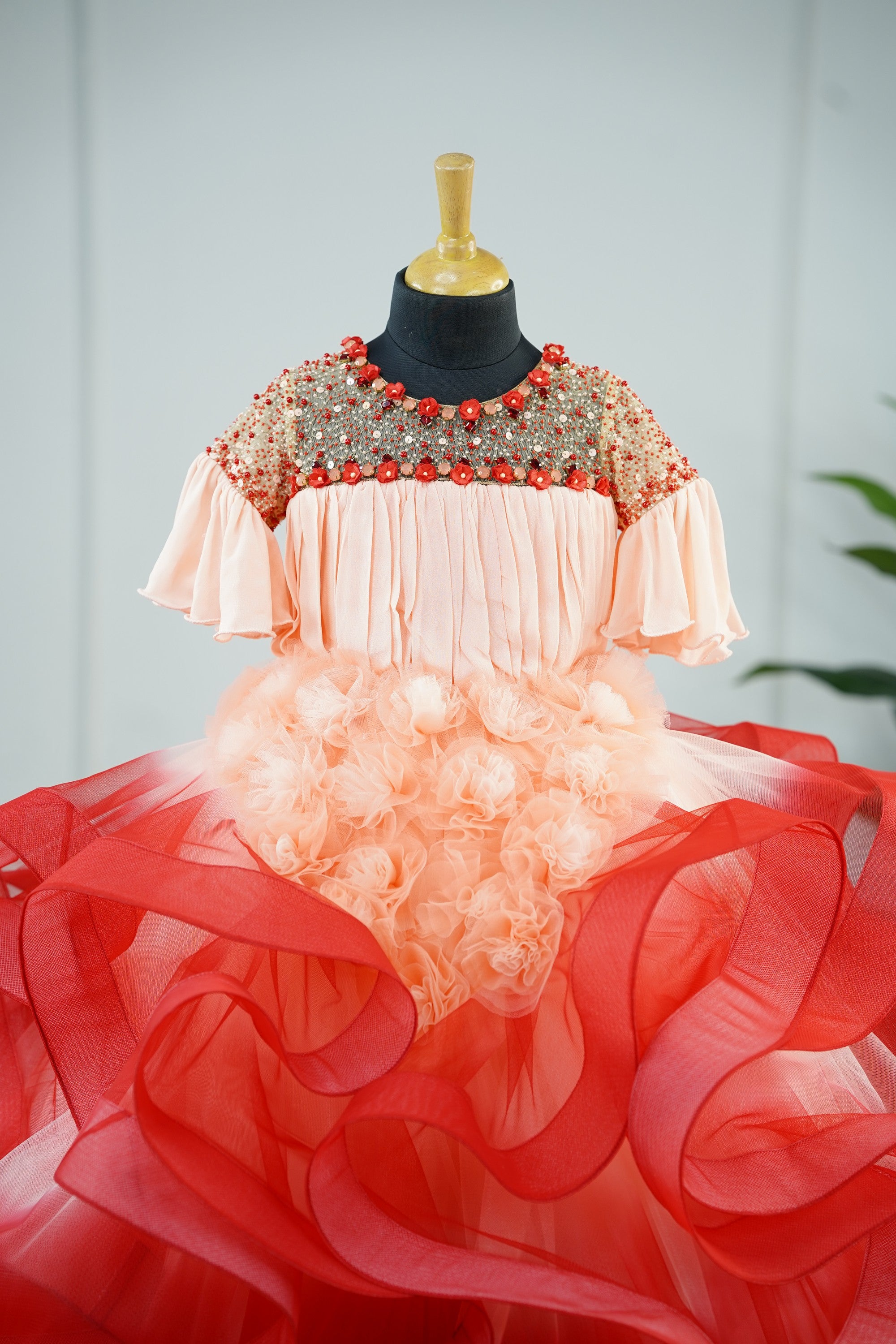 Pre Order: Peach & Red Ombre Gown with Stylish Embellishments - Elegant Formal Dress for Prom, Evening Party & Special Occasions