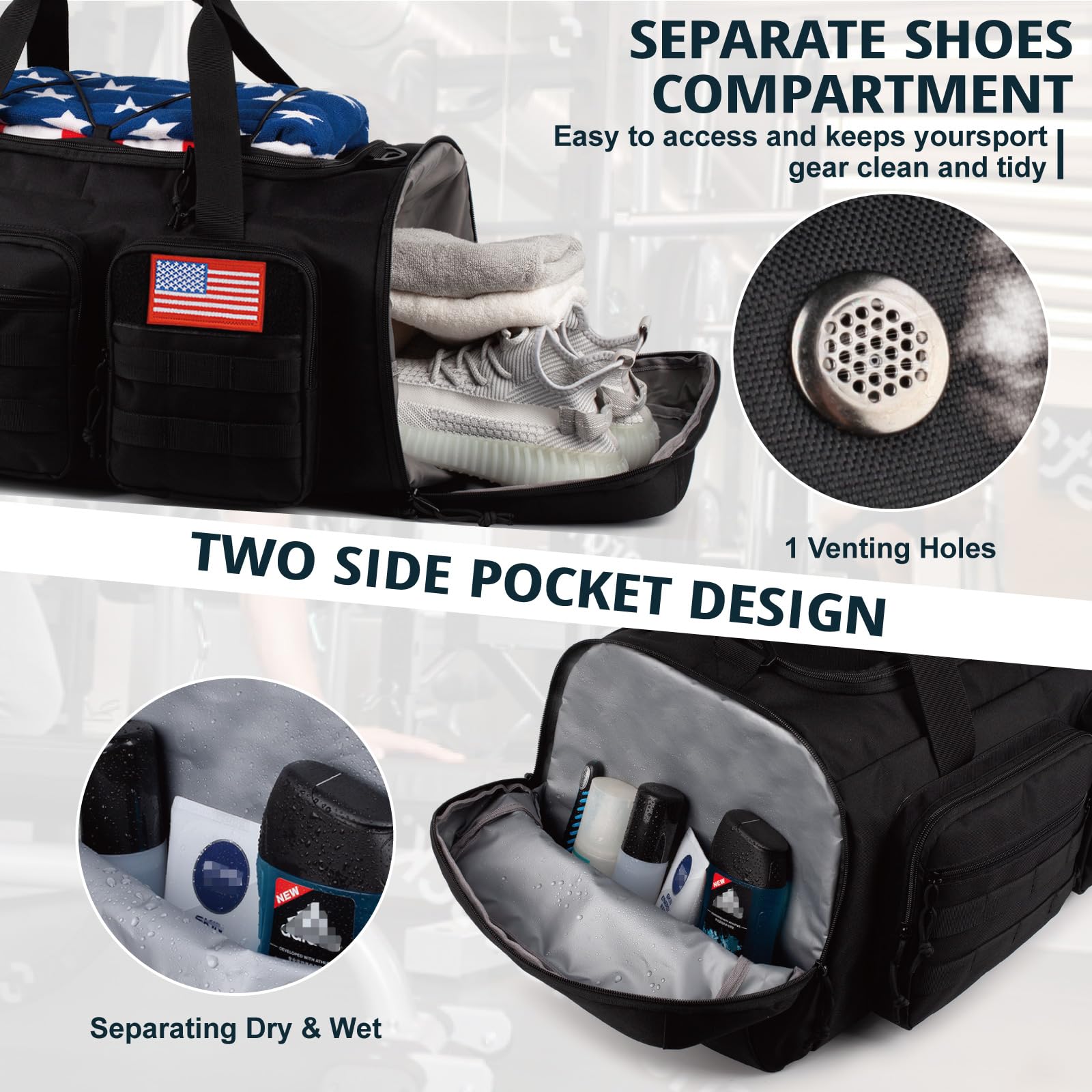 50L Large Tactical Gym Bag for Men & Women - 3-in-1 Water Resistant Sports Duffle Backpack with Shoe Compartment & Wet Pocket - Perfect for Travel, Gym, Weekender Overnight Trips & Outdoor Activities