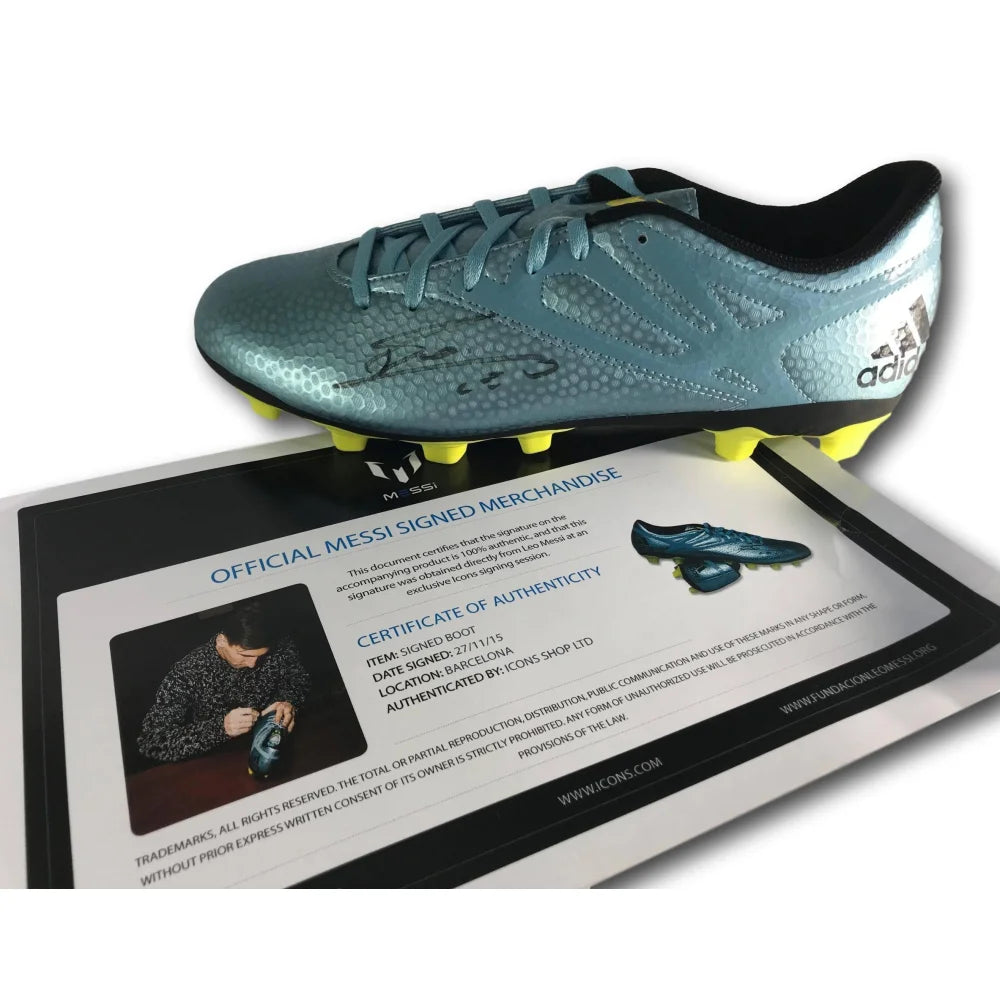 Authentic Lionel Messi Signed Adidas 15.4 Cleats with COA - Barcelona Edition - Perfect for Soccer Collectors & Memorabilia Displays
