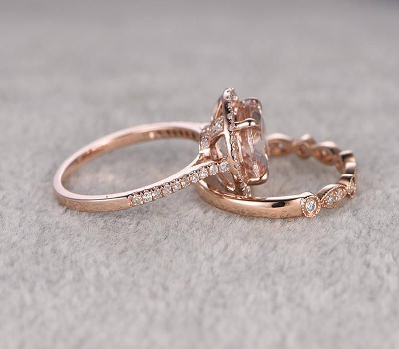 1.50 Carat Round Cut Morganite Bridal Ring Set with Moissanite Diamonds Halo & 18k Gold Plating - Elegant Engagement Wedding Jewelry for Brides & Anniversary Gifts