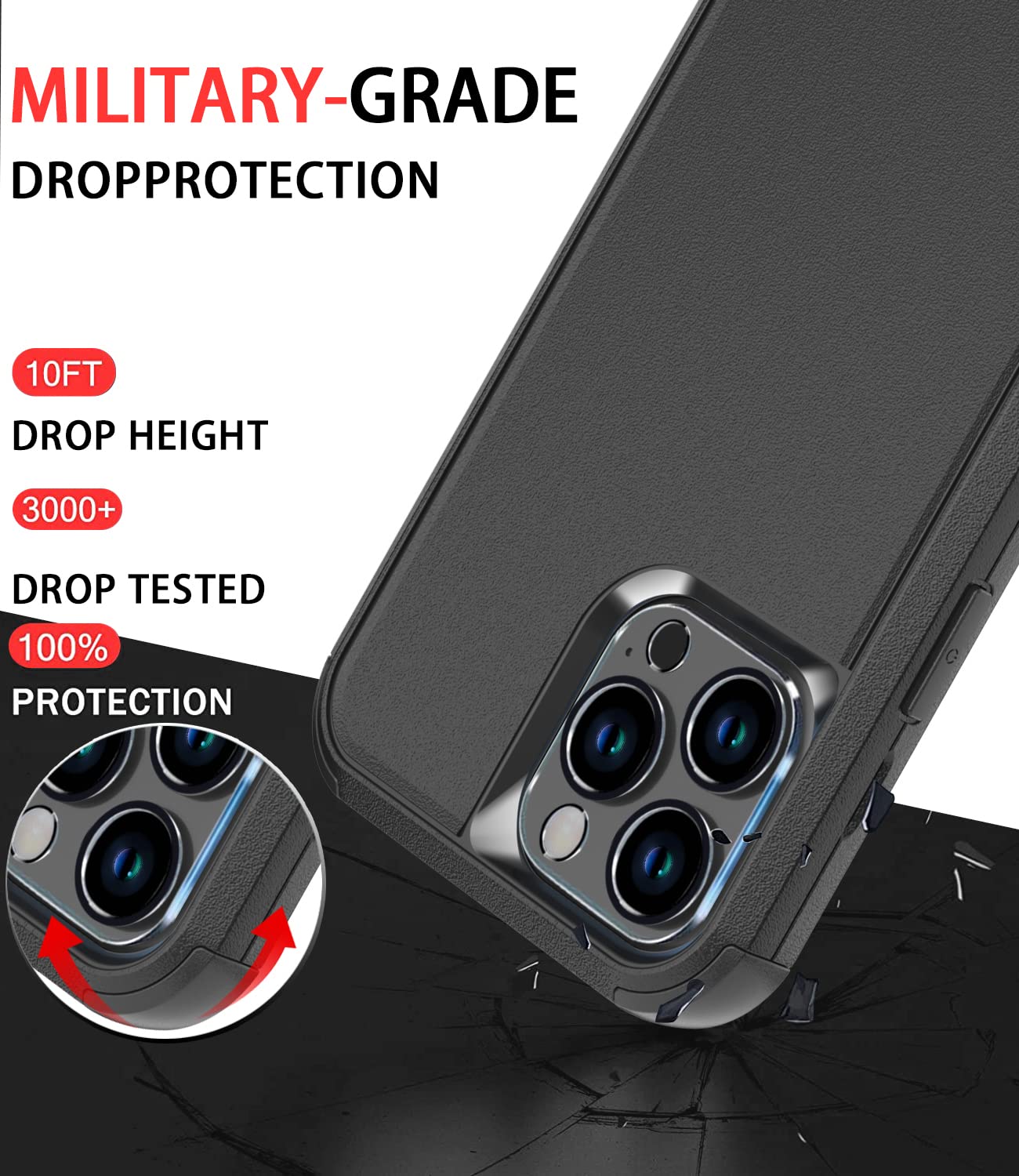 Shockproof Heavy Duty iPhone 13 Pro Max Case with Tempered Glass Screen Protector & Camera Lens Cover - Drop Proof Protection for Apple iPhone 13 Pro Max (Black) | Perfect for Outdoor Adventures, Construction Work & Active Lifestyles