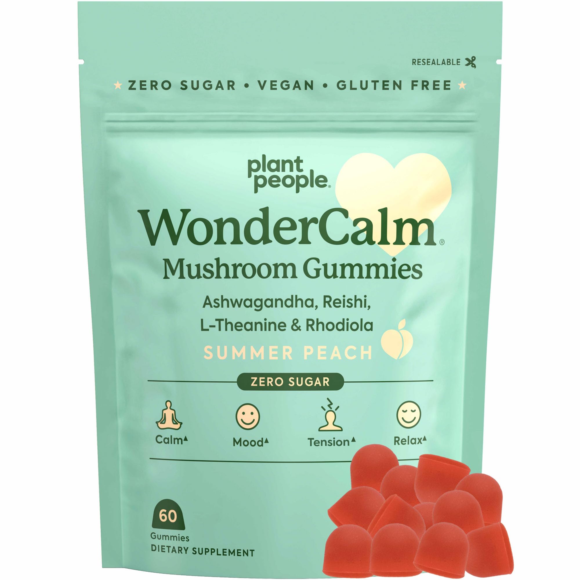 WonderCalm Mushroom Gummies with Ashwagandha - Stress Relief & Mood Booster Supplement for Adults | Sugar-Free, Gluten-Free, Vegan, Natural Peach Flavor | 60 Count | Perfect for Daily Relaxation & Work-Life Balance
