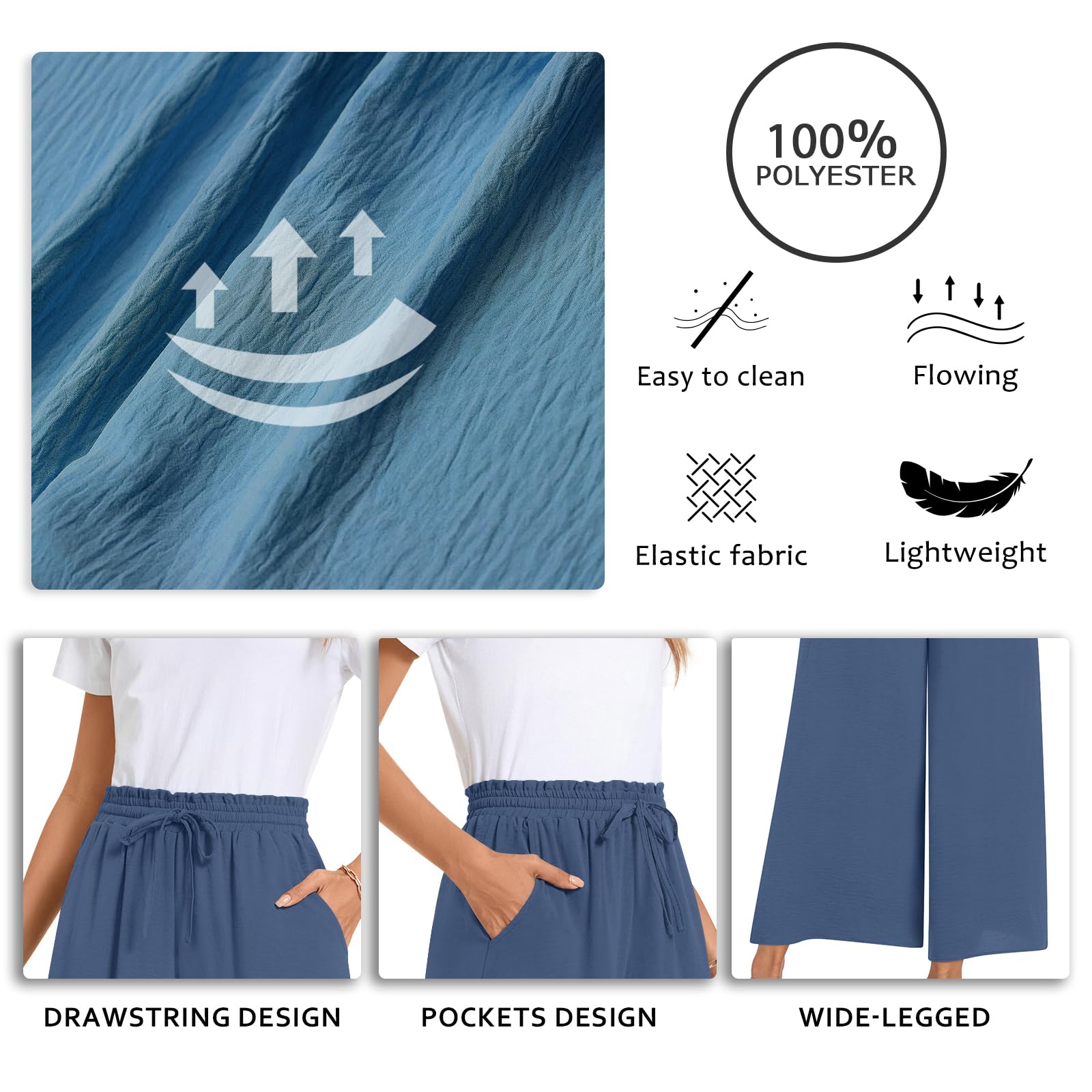 Bestbee Women's Palazzo Pants - Dressy Casual Wide Leg Trousers with Elastic Waist & Pockets | Comfortable Office Wear, Travel & Lounge Pants