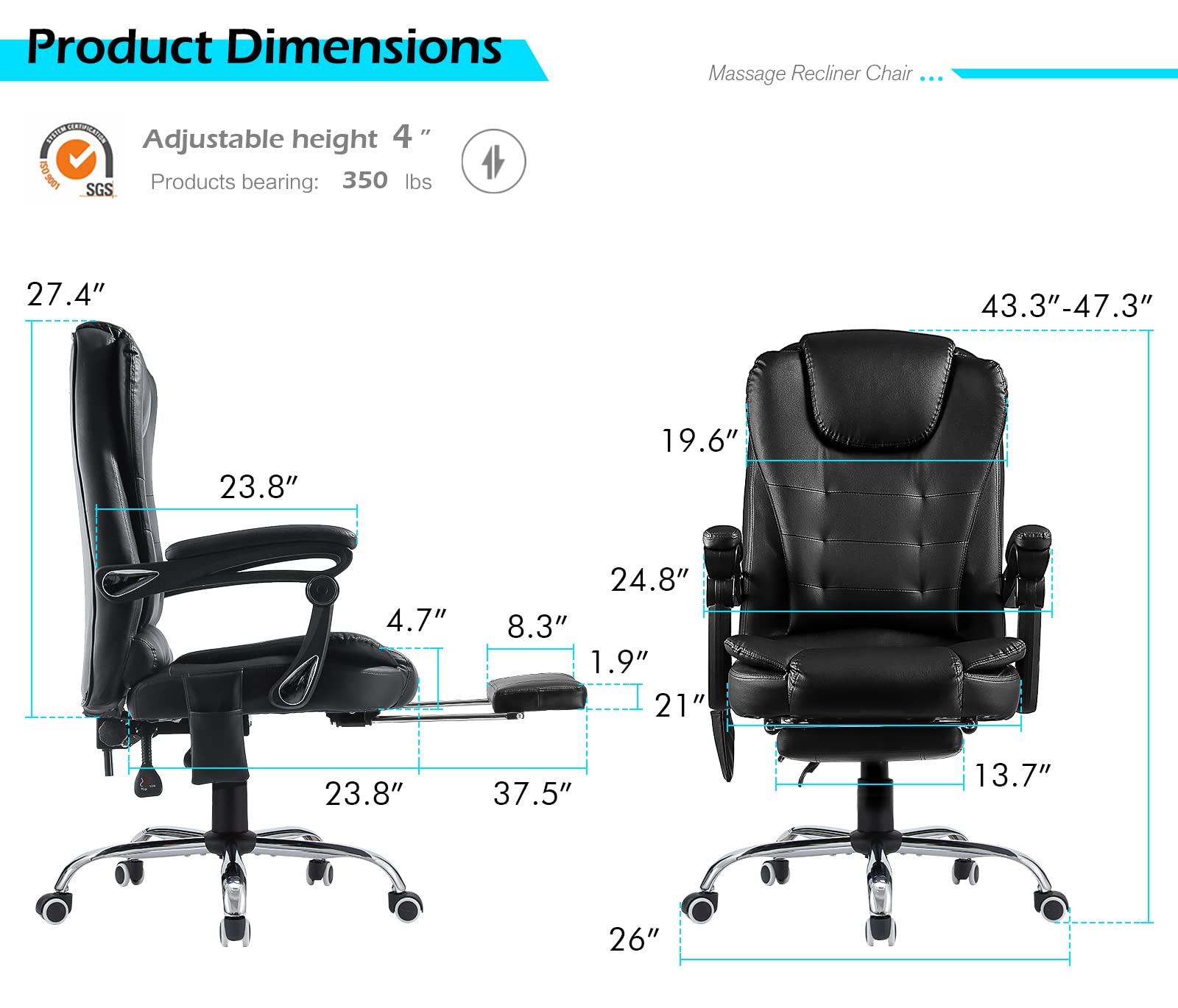 Ergonomic Heated Massage Office Chair - Adjustable Height PU Leather Executive Desk Chair with Lumbar Support - Perfect for Home Office, Gaming & Computer Work (Black)