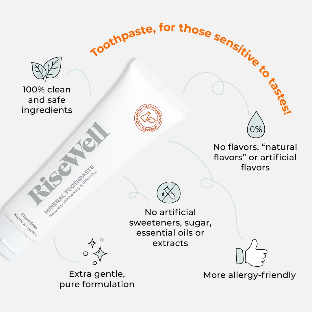 RiseWell Mineral Unflavored Hydroxyapatite Toothpaste for Sensitive Teeth - Fluoride-Free, SLS-Free, Dentist-Formulated Whitening Toothpaste (3.4oz, Made in USA) - Perfect for Morning Routine & Travel-Friendly Oral Care