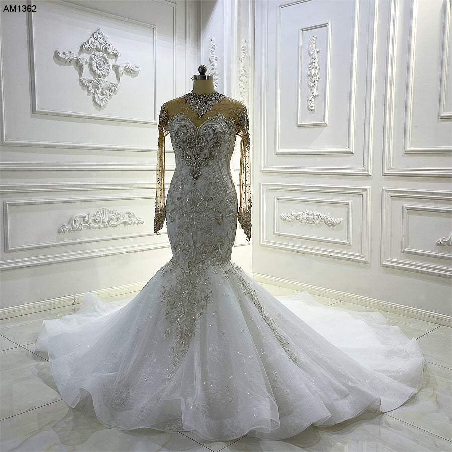 AM1362 High Neck Long Sleeve Luxury Beaded Full Lace Mermaid Wedding Dress - Elegant Bridal Gown for Beach, Church & Formal Wedding Ceremonies
