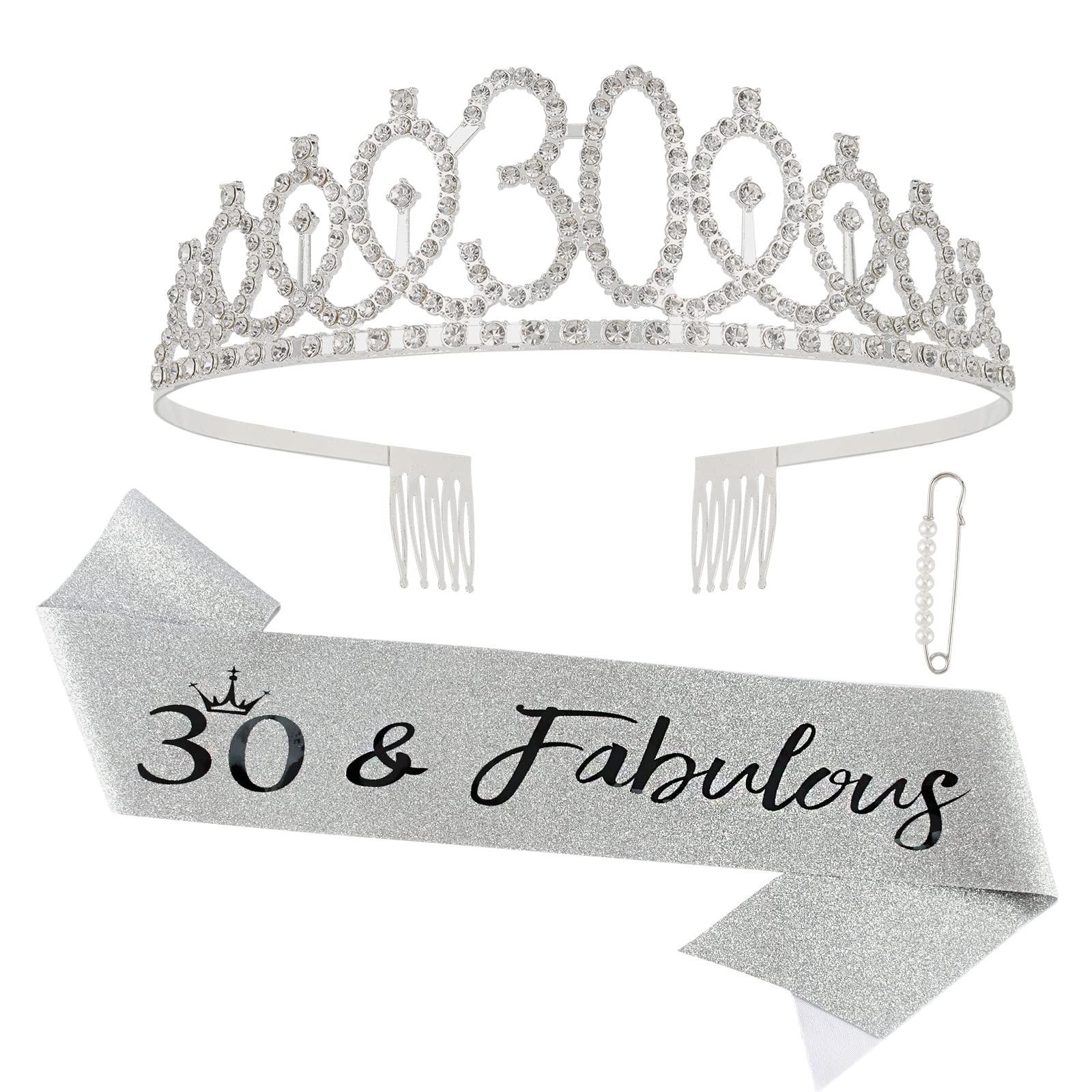 30th Birthday Sash & Tiara Set for Women - Silver '30 & Fabulous' Crown & Sash - Birthday Queen Decorations - Perfect for 30th Birthday Parties, Bachelorette Celebrations & Milestone Events