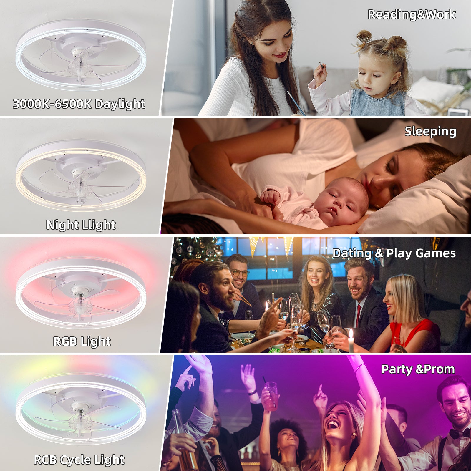 19.7 Inch RGB LED Ceiling Fan with Light - 3 Color Temperatures, 6 Speed Adjustable, Reversible Motor - Perfect for Bedroom, Living Room & Home Office