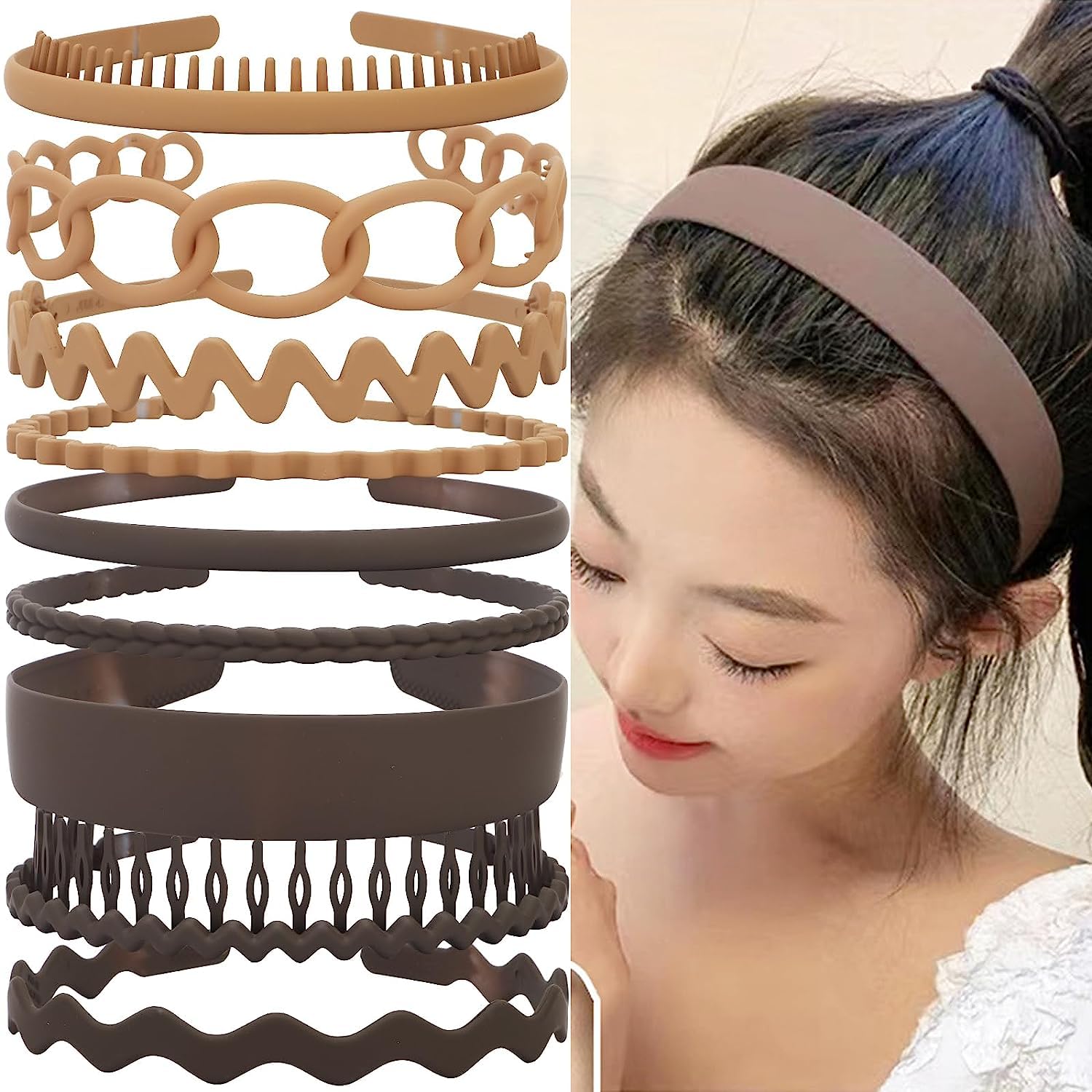 9Pcs Plastic Teeth Hairbands for Women - Non-Slip Matte Hair Bands & Teeth Comb Headbands (Dark Brown) | Perfect for Workouts, Yoga, and Everyday Styling