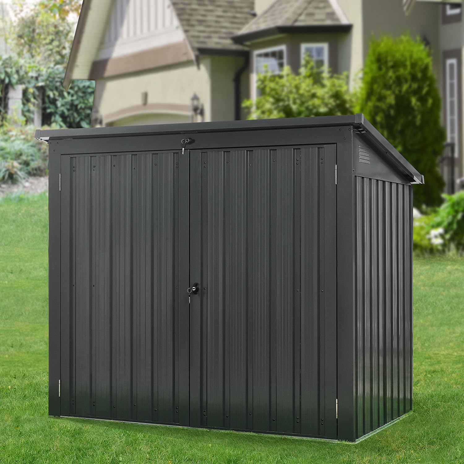 Hanover Outdoor Storage Shed for Trash & Recycling Bins - 3.3x5.2x4.4ft Galvanized Steel Pent Roof Shed with 2-Point Locking System - Holds 2 Trash Cans - Dark Gray Weatherproof Garbage Can Enclosure - Perfect for Backyard, Garage & Side Yard Waste Management