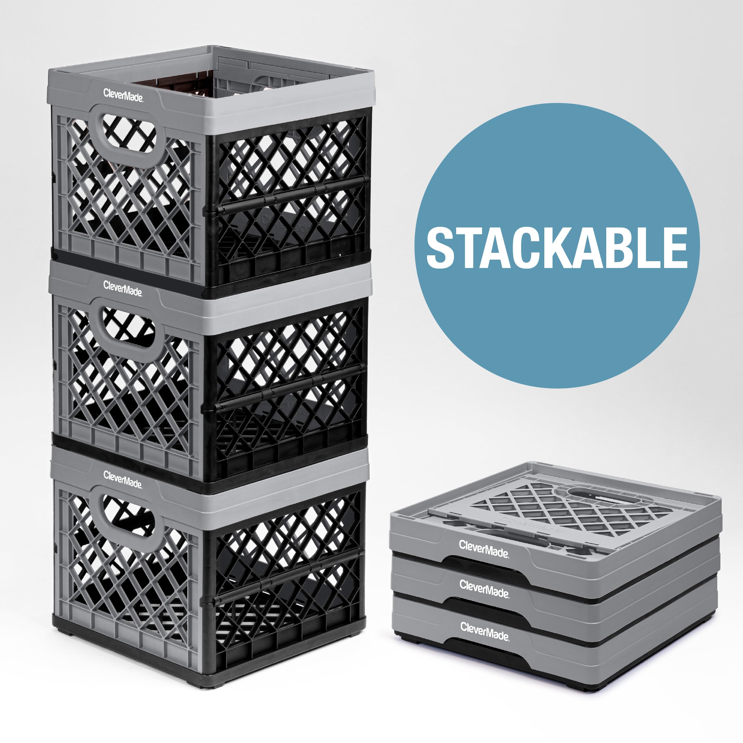 CleverMade Collapsible Milk Crate - Heavy Duty 25L (6 Gal) Stackable Storage Bins, 3-Pack in Stone Color - Holds 50lbs Each, Multi-Purpose Plastic Crates for Home, Garage, Office & Outdoor Organization