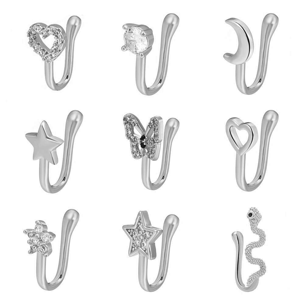 9-Piece Faux Nose Ring Set - Non-Piercing Clip-On Nose Cuffs for Women & Men | Silver Fake Nose Rings | Body Jewelry Gift for Parties, Halloween & Cosplay