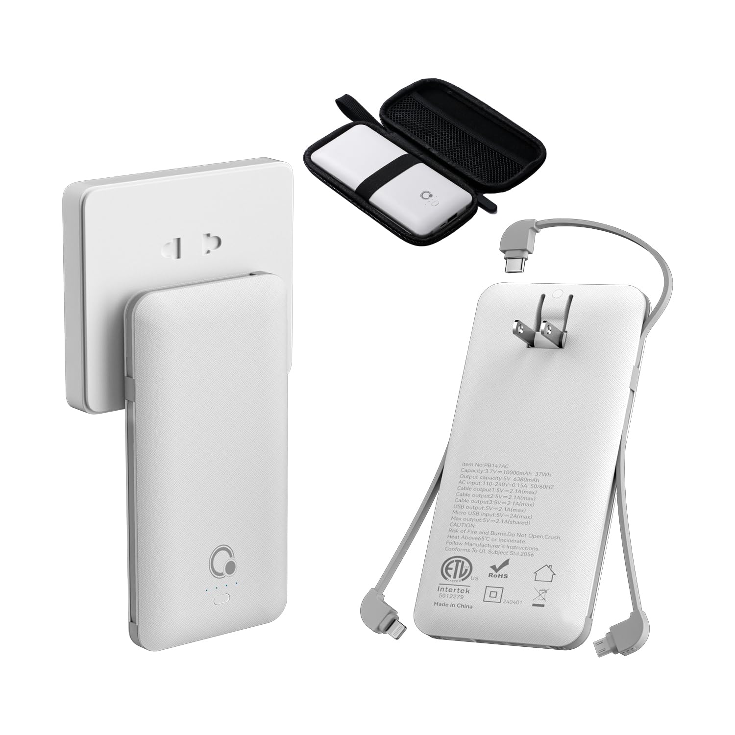 10000mAh Portable Charger with Built-in AC Plug - Slim Power Bank for iPhone, Samsung & Android Devices | Fast Charging External Battery Pack with 4 Outputs & 3 Cables (Micro USB/USB-C) | Perfect for Travel, Camping & Emergency Power Backup