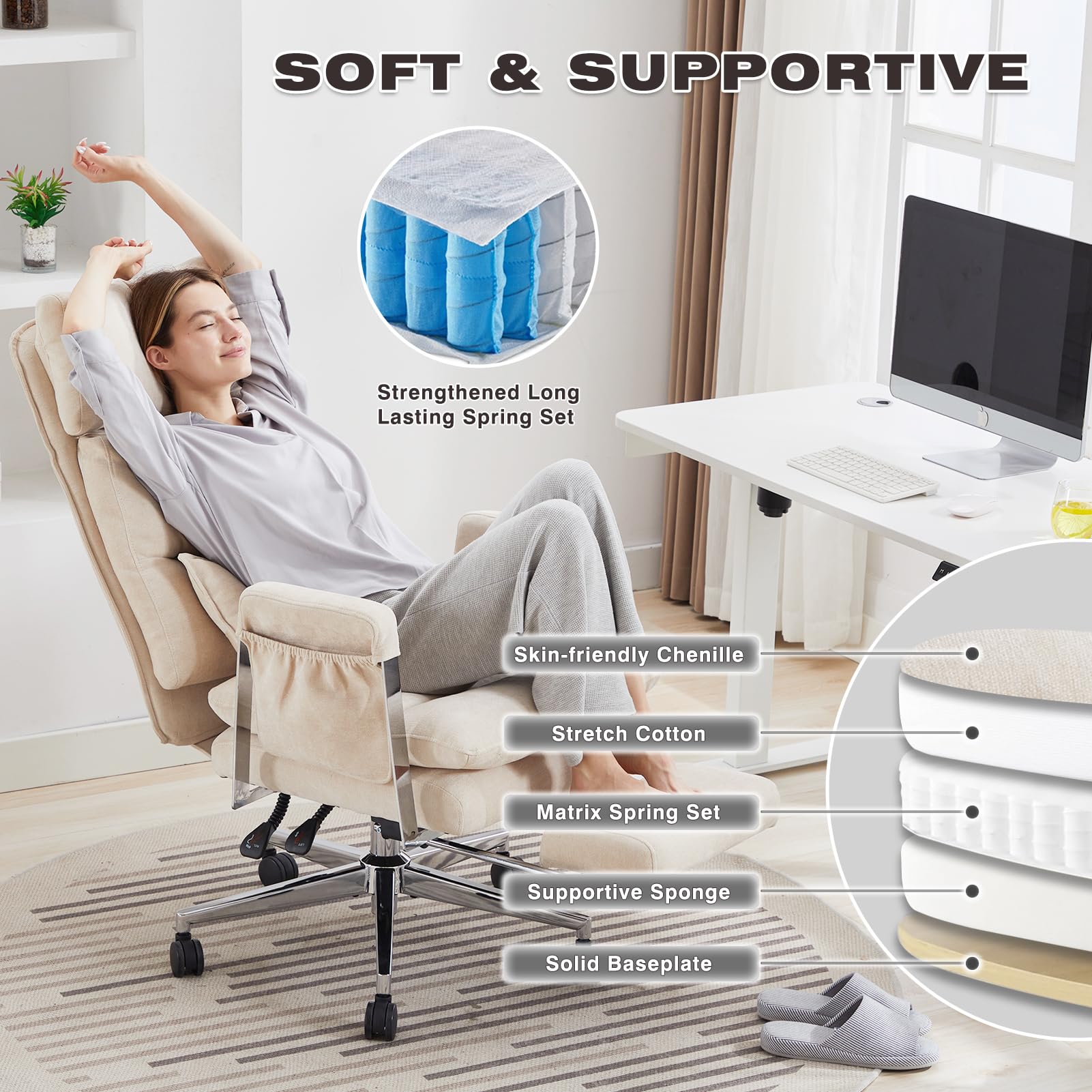 Big and Tall Ergonomic Office Chair with Footrest - High Back Reclining Computer Chair with Lumbar Support & Spring Cushion - Chenille Fabric Executive Chair for Home Office - Perfect for Long Work Hours & Gaming Sessions (Beige)