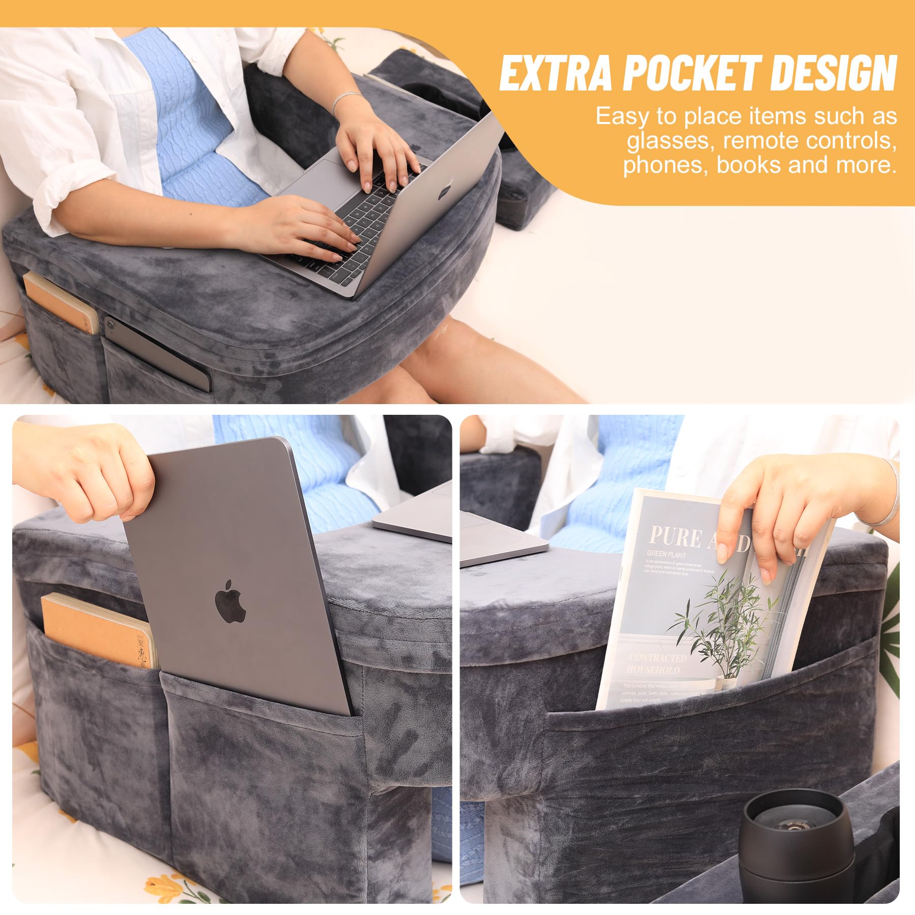 **Memory Foam Reading & Gaming Pillow for Adults - Lap Desk Pillow with Coaster, Soft Arm Rest Support for Bed, Floor, Sofa - Perfect for Reading, Working, Gaming & Relaxing (Grey)**