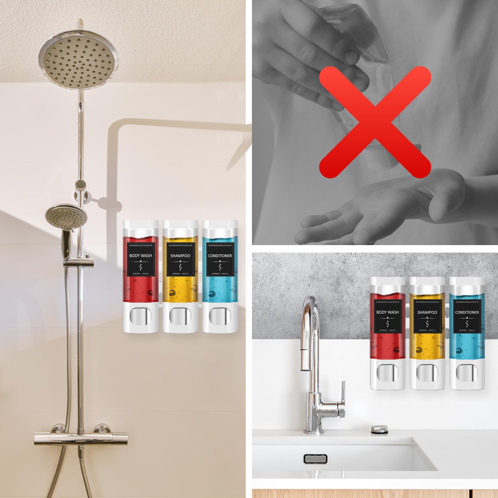 3-Chamber No-Drill Shower Dispenser for Shampoo, Conditioner & Body Wash - Wall Mounted (3 × 10.15oz) - Perfect for Bathroom Organization & Space Saving - White