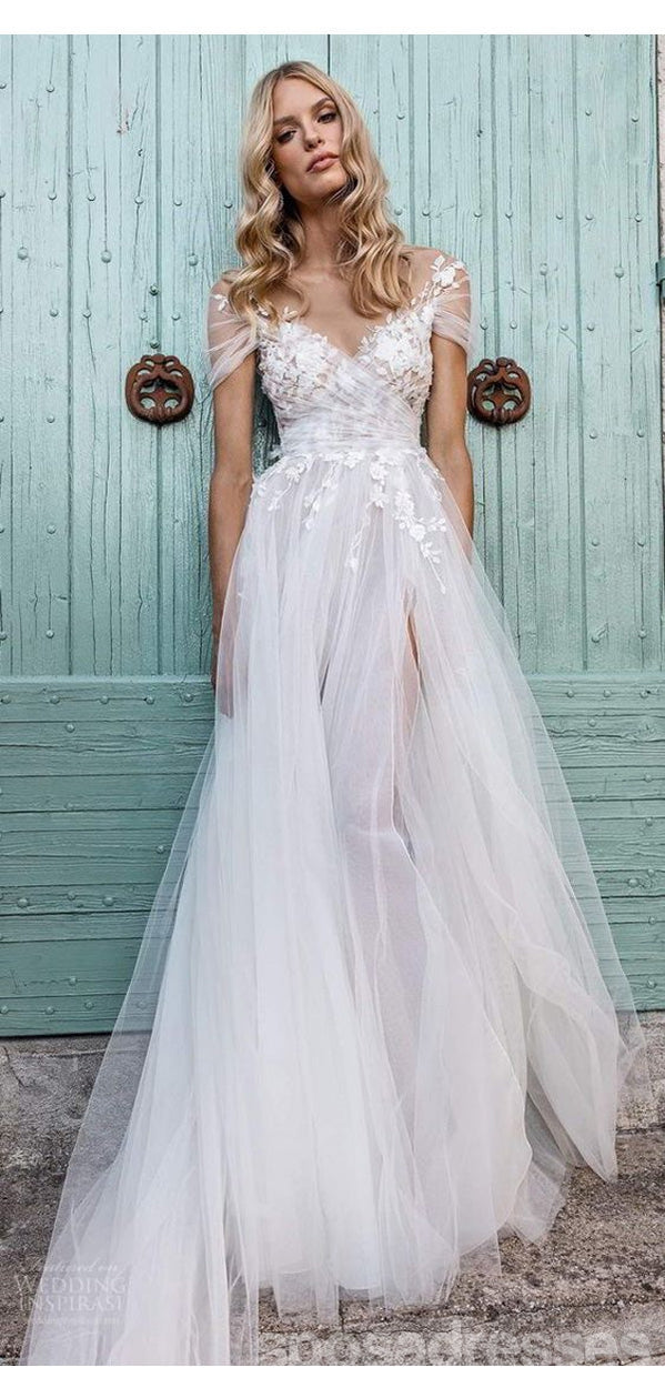 Elegant Cap Sleeve Sheer Wedding Dress - Sexy A-Line Bridal Gown WD435 | Perfect for Beach Weddings, Vow Renewals & Romantic Photoshoots