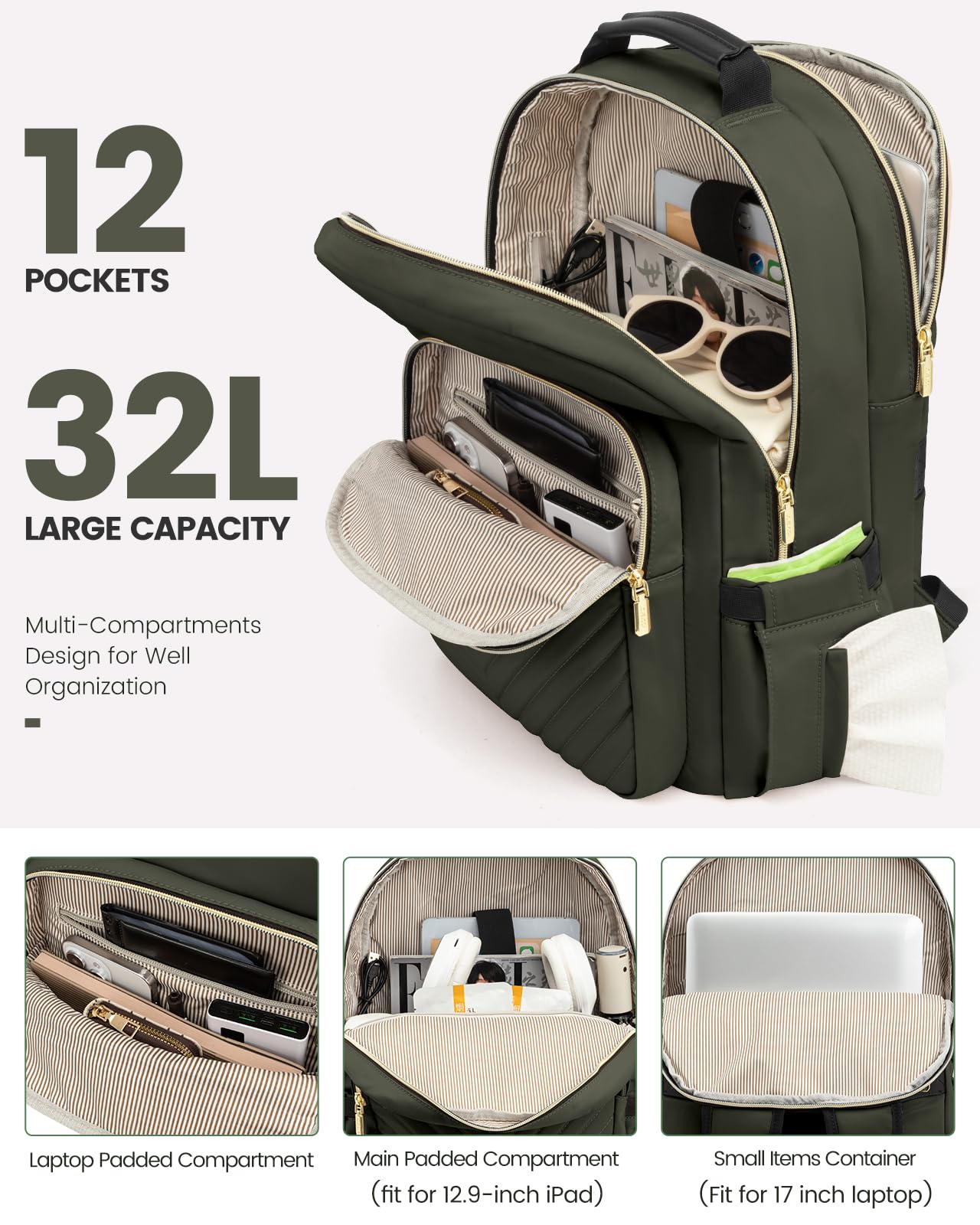 LOVEVOOK Women's 17-inch Laptop Backpack - Stylish Army Green Travel Computer Bag for College, School, and Outdoor Adventures, Perfect for Work, Study, and Daily Commute