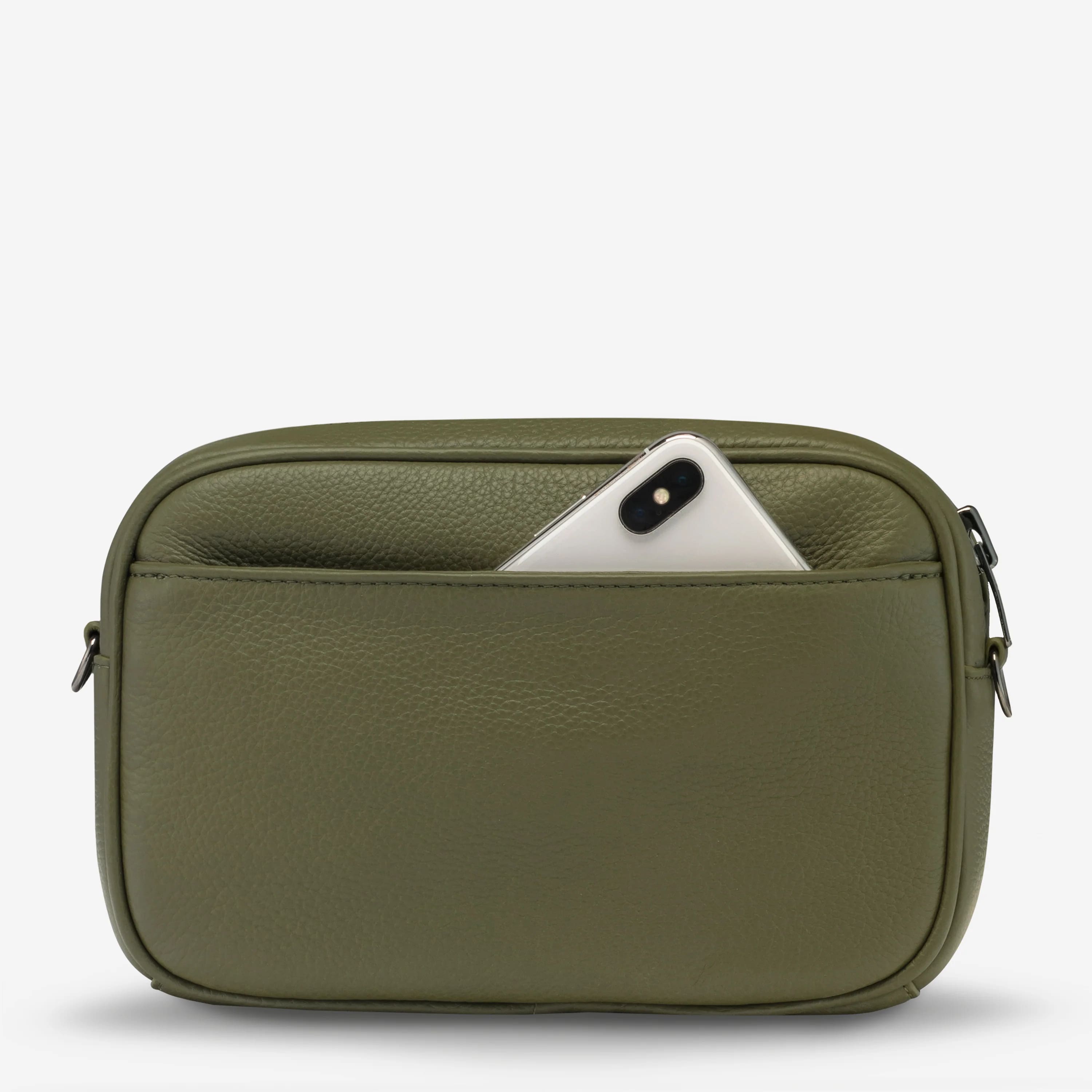 Status Anxiety Plunder Crossbody Bag with Webbed Strap in Khaki | Stylish Everyday Purse for Women, Perfect for Work, Travel & Casual Outings