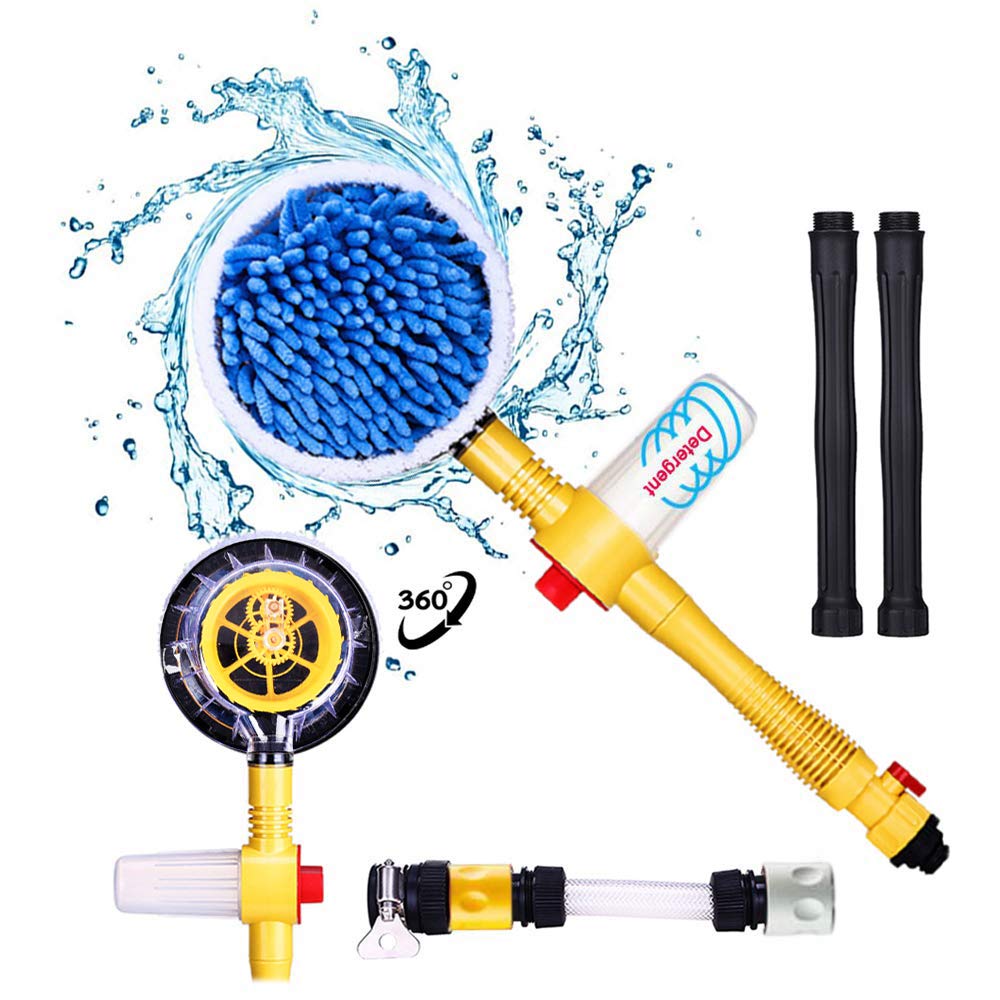 360° Spin Car Wash Brush with Microfiber Head - Detachable & Extendable Scrub Brush for Car Cleaning - Includes Garden Hose Spray Nozzle - Perfect for Car Detailing, Home Cleaning & Outdoor Garden Use