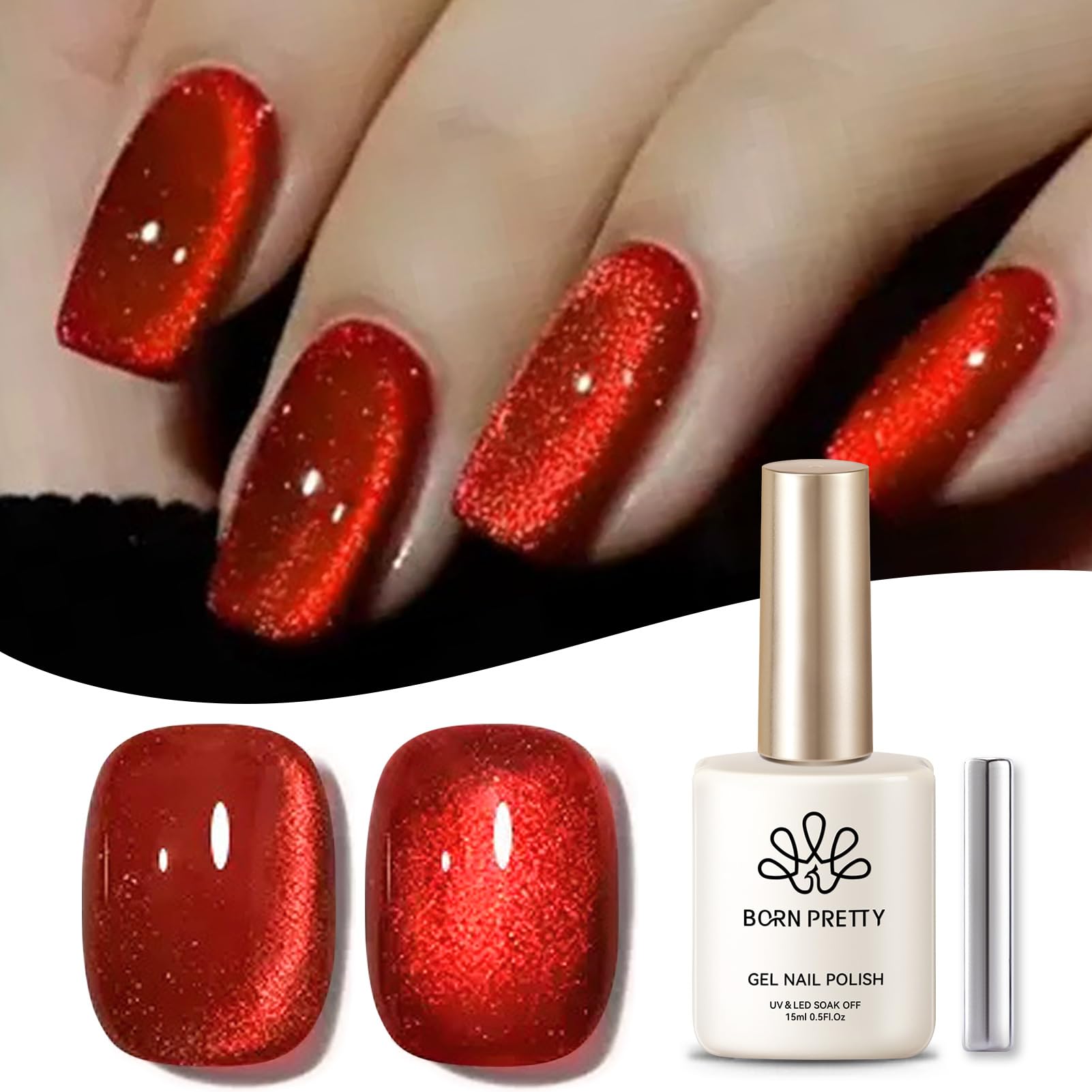Born Pretty Magnetic Cat Eye Gel Nail Polish - Ruby Red Holographic Glitter Shiny Sparkle Crystal Nail Lacquer for Salon & DIY Home Manicure (15mL) | Perfect for Parties, Weddings & Special Occasions