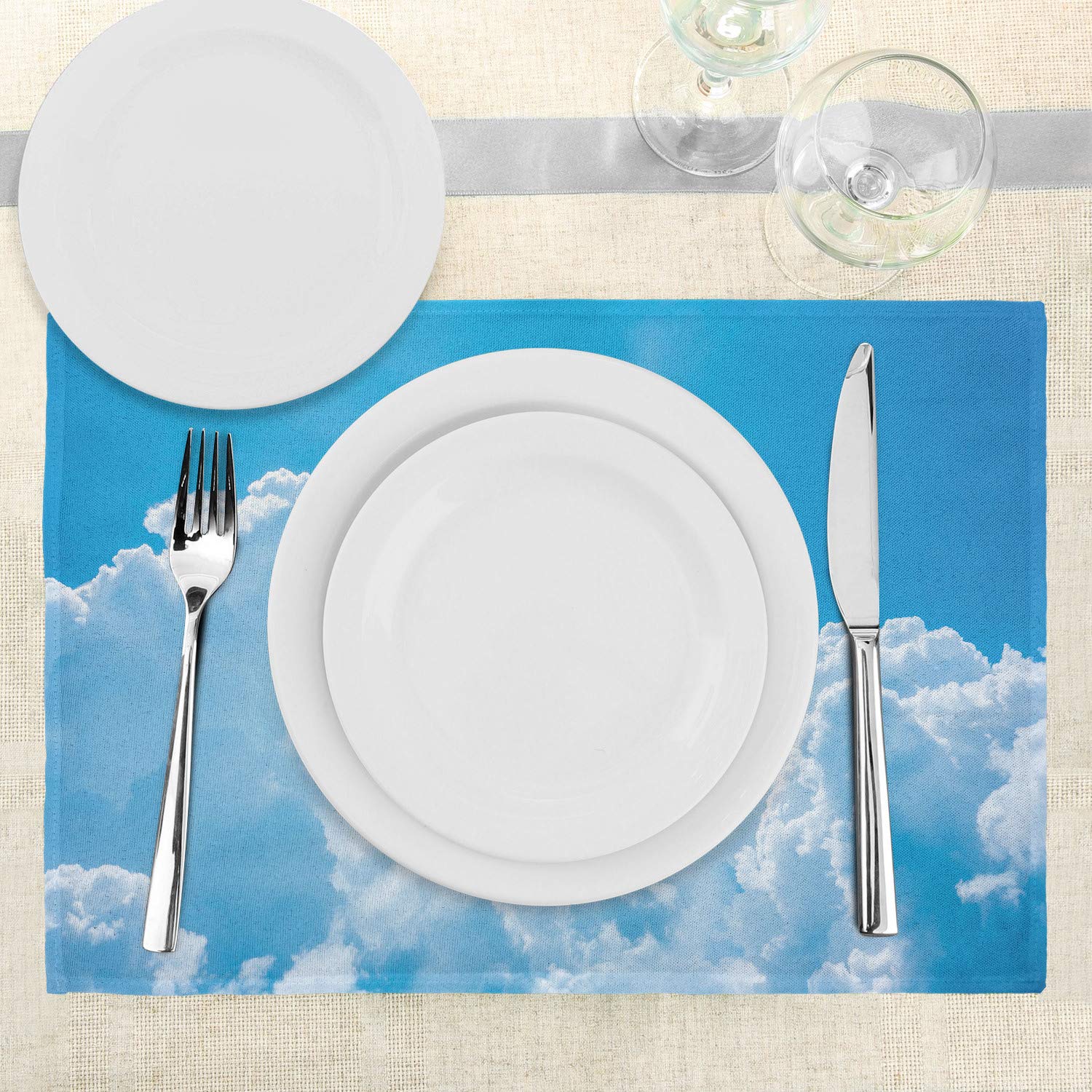 Ambesonne 4-Piece Cloud Design Placemats Set - Sky Blue & White Washable Fabric Dining Mats for Kitchen Table Decor | Perfect for Home, Restaurant, and Outdoor Picnic Use