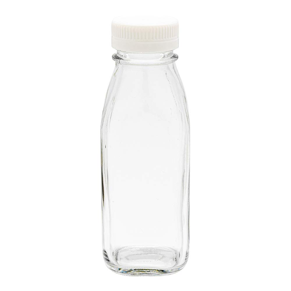 Restaurantware French Countryside 10oz Square Juice Bottles with Tamper-Evident Caps - Clear Reusable Glass Bottles for Smoothies, Milk Tea, Cold Brew & Meal Prep - Perfect for Restaurants, Cafes & Home Use