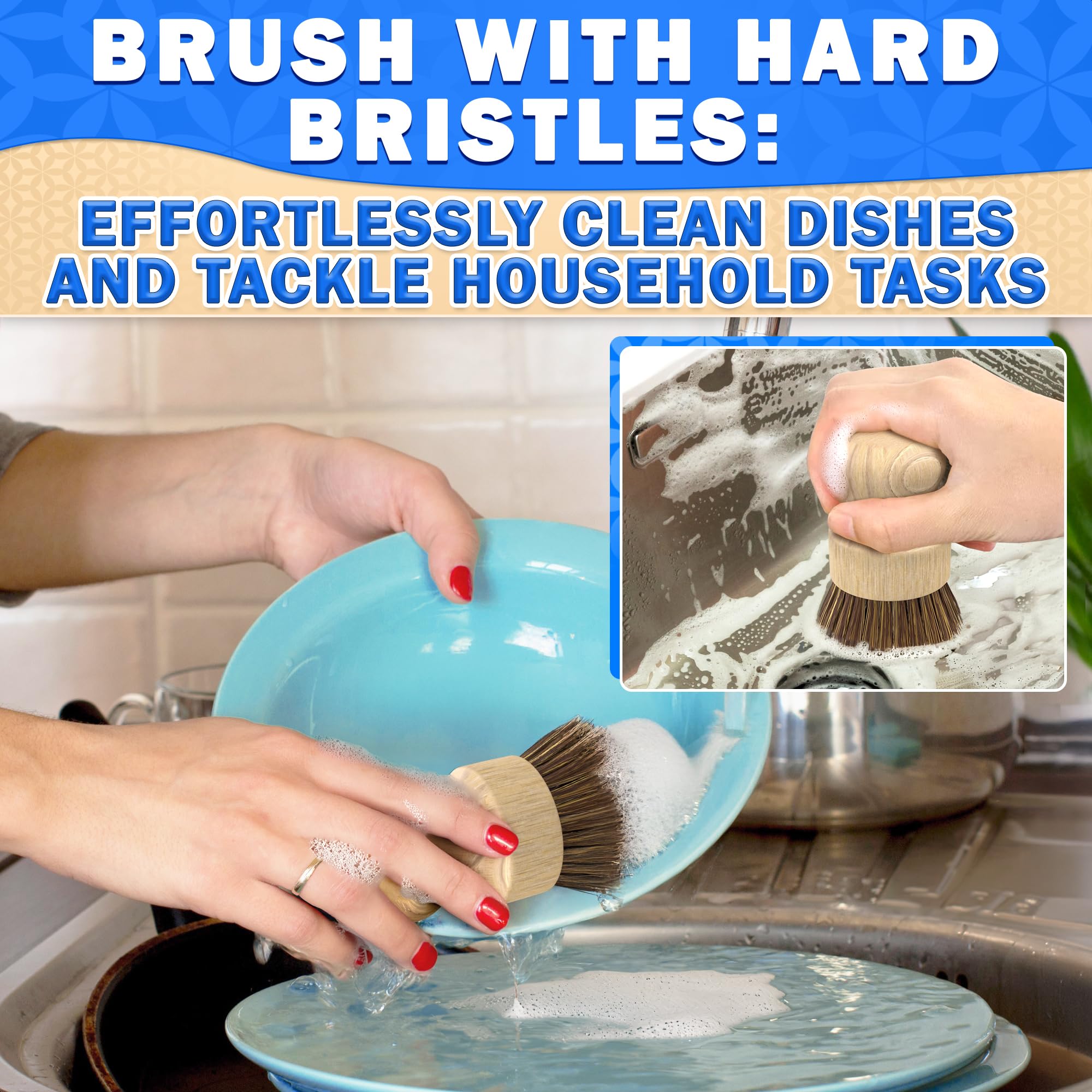 5Pcs Eco-Friendly Bamboo Dish Brush Set - Wooden Scrub Brush for Kitchen, Pots & Pans - Natural Dishwashing Brush with Ergonomic Handle - Perfect for Sustainable Cleaning & Zero Waste Lifestyle
