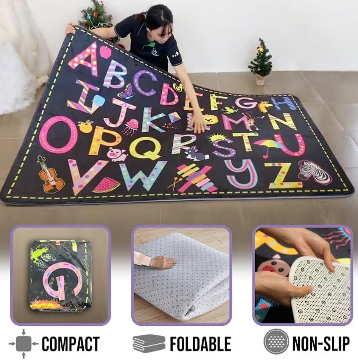 ABC Alphabet Classroom Rug for Toddlers - Large Non-Slip Educational Play Mat with Handwriting Samples | Foldable Kids Room Carpet for Learning & Play | Perfect for Preschool, Daycare & Home Schooling