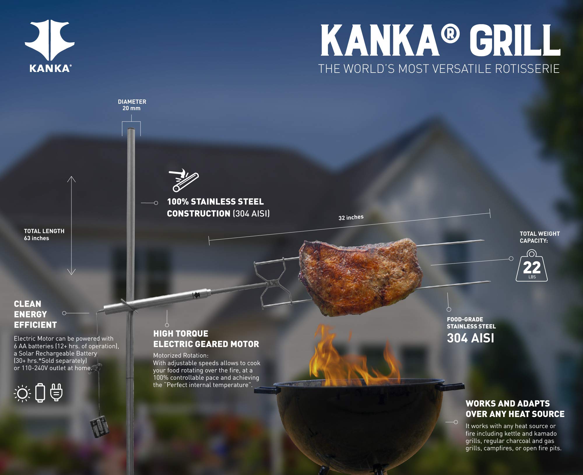 Heavy Duty Kanka Rotisserie Grill with Hard Floor Stand - Outdoor & Indoor BBQ Grill Kit for Backyard, Camping, and Home Cooking | Perfect for Roasting Chicken, Turkey, and Kebabs