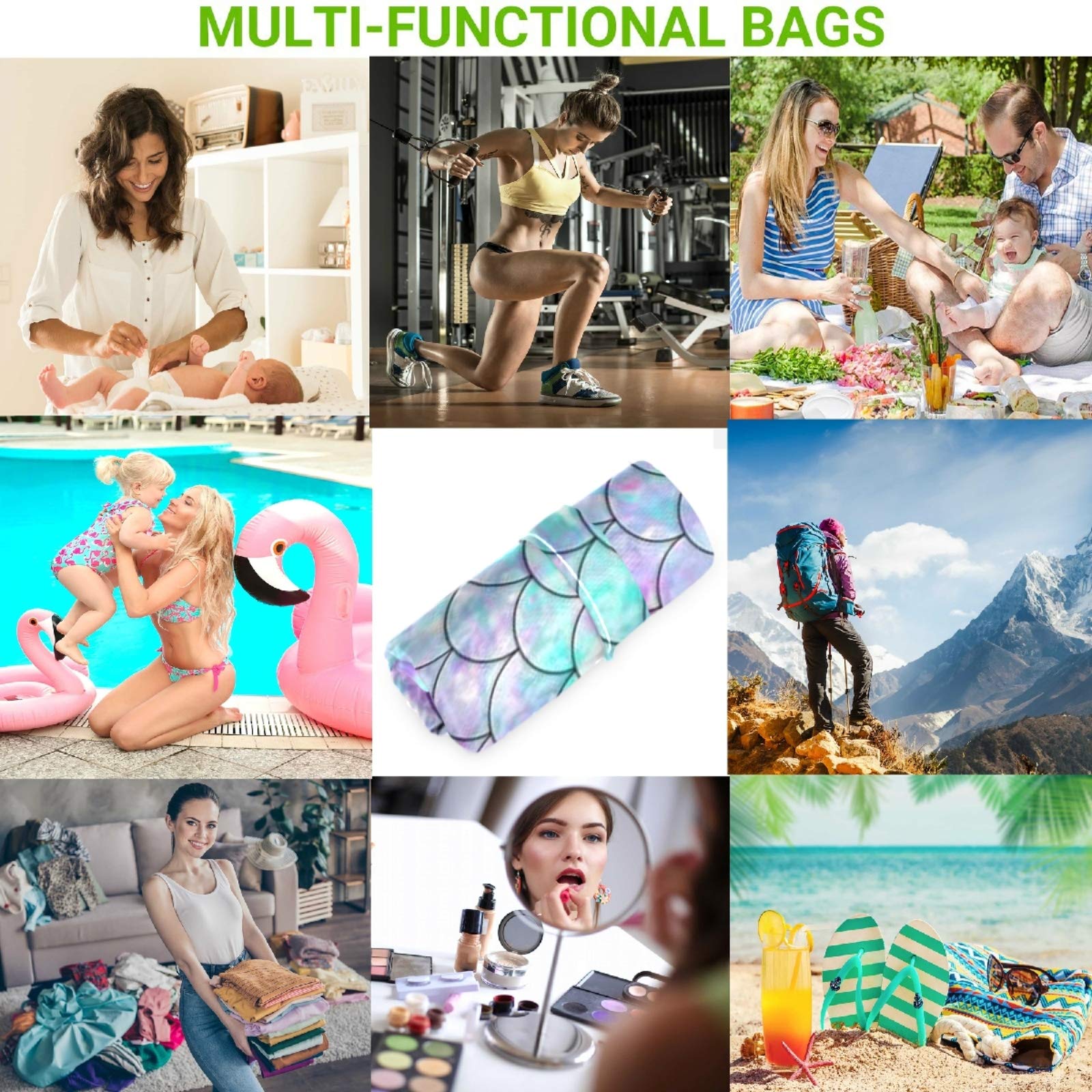 Visesunny 2-Pack Waterproof Wet Bags with Zipper - Reusable Washable Mermaid Scale Design for Swimsuits, Gym Clothes & Diapers - Perfect for Beach, Pool, Travel, Daycare & Stroller Organization