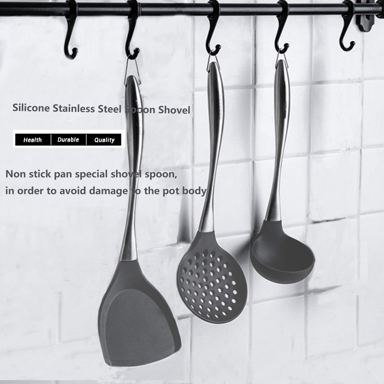 Premium 3-Piece Silicone Kitchen Utensil Set - Heat-Resistant Stainless Steel Handle with Flexible Silicone Head (Wok Spatula, Ladle, Slotted Spoon) - Grey - Perfect for Non-Stick Cookware, Stir-Frying, Serving Soups & Pasta