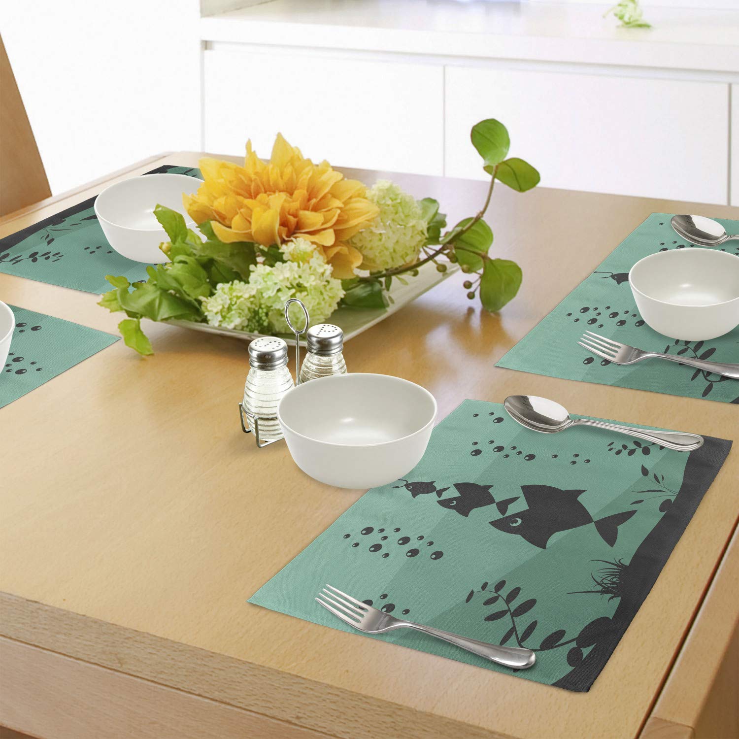 Ambesonne Fishing Placemats Set of 4 - Underwater Ocean Theme with Big Fish Eating Small Fish Design - Washable Fabric Place Mats for Dining Room & Kitchen Table Decor in Teal Grey - Perfect for Seafood Restaurants, Beach House Decor, and Nautical Themed Parties