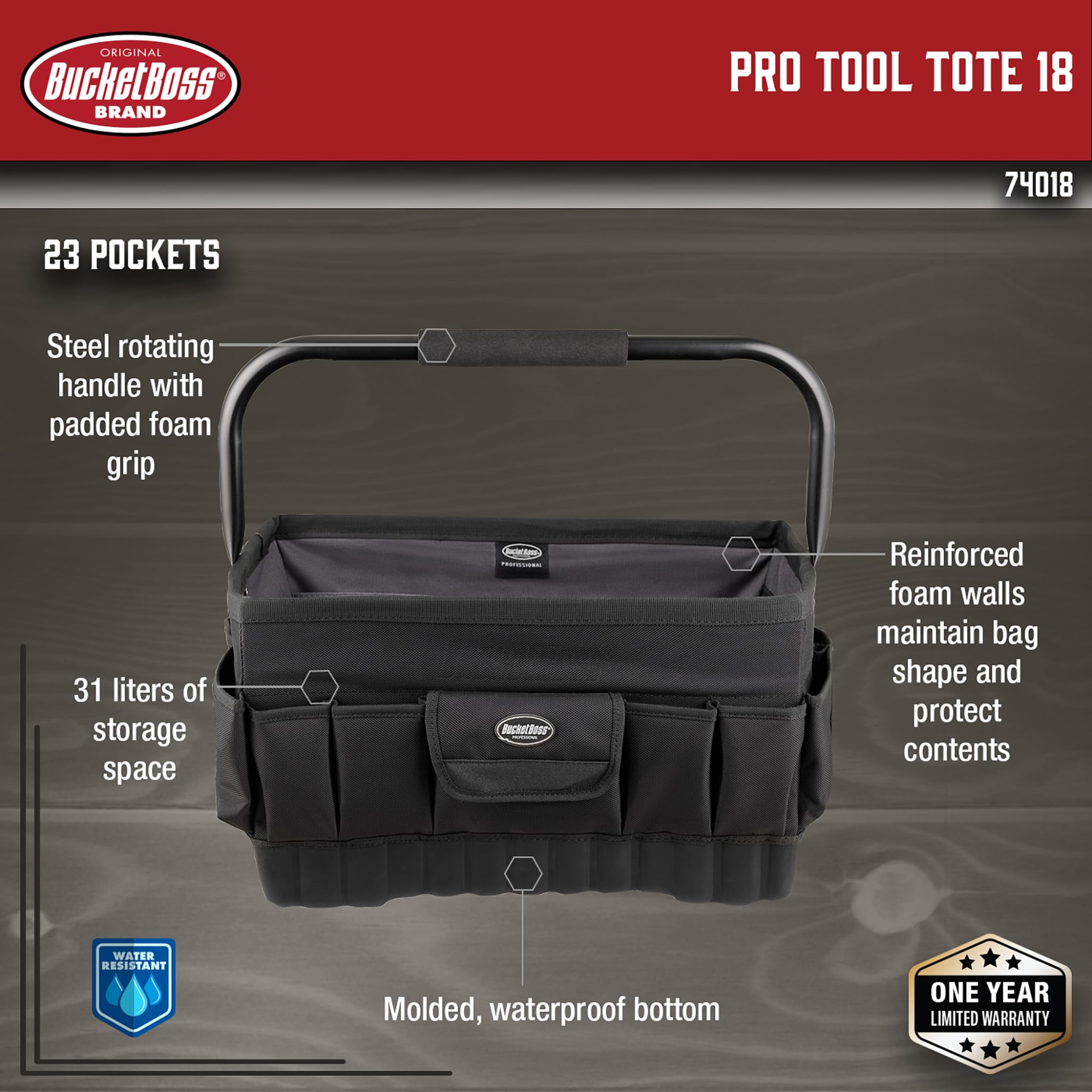 Bucket Boss Pro Tool Tote 18 - Heavy Duty Professional Series Tool Bag (74018) in Black - 18 Inch Organizer for Construction, Electricians & DIY Projects