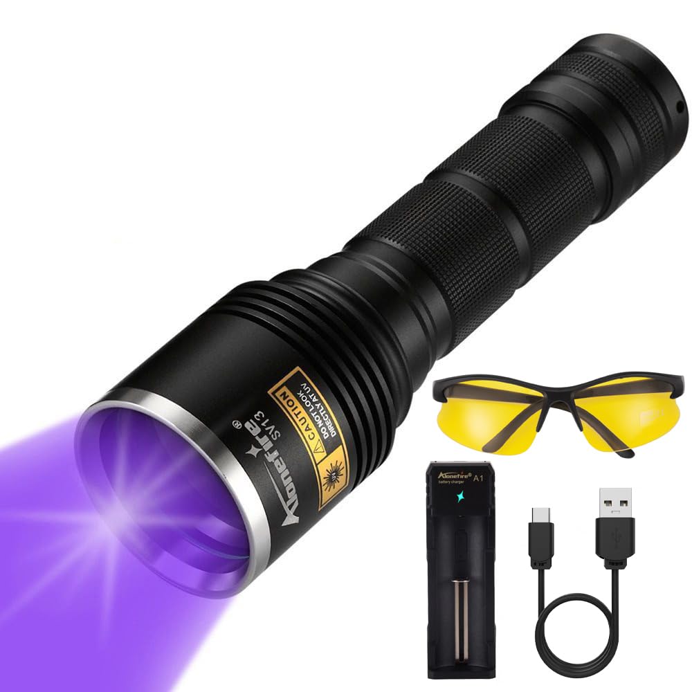 Alonefire SV13 15W 365nm UV Flashlight - USB Rechargeable Ultraviolet Blacklight for Pet Urine Detection, Resin Curing, Fishing, Scorpion Hunting & Mineral Identification | Includes UV Protective Glasses, Charger & Battery | Perfect for Home Inspection, Outdoor Adventures & DIY Projects
