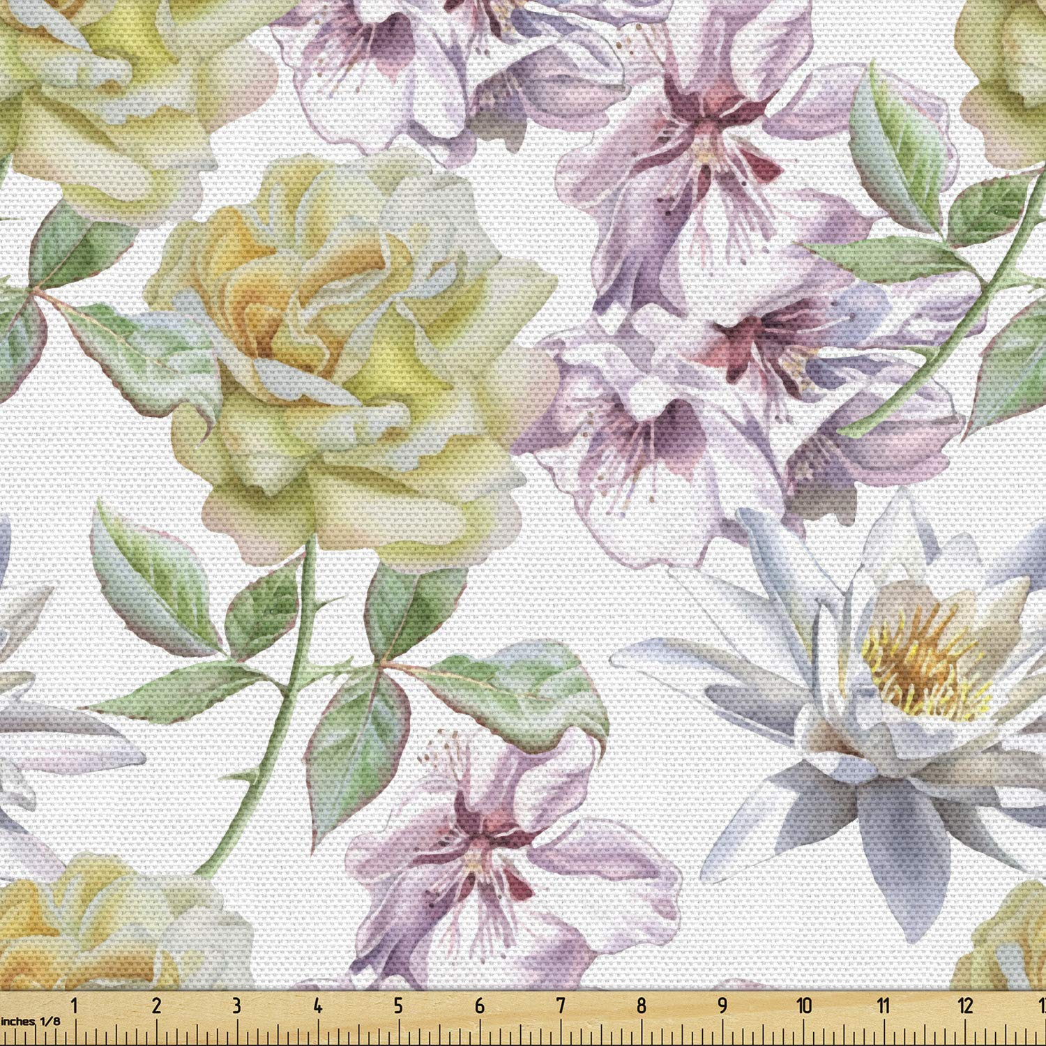 Ambesonne Floral Fabric by The Yard - Rose Petals Sakura Lily Flowers Design for Upholstery, Curtains & DIY Home Decor | 10 Yards Fern Green Pale Pink | Perfect for Bedding, Pillows & Craft Projects