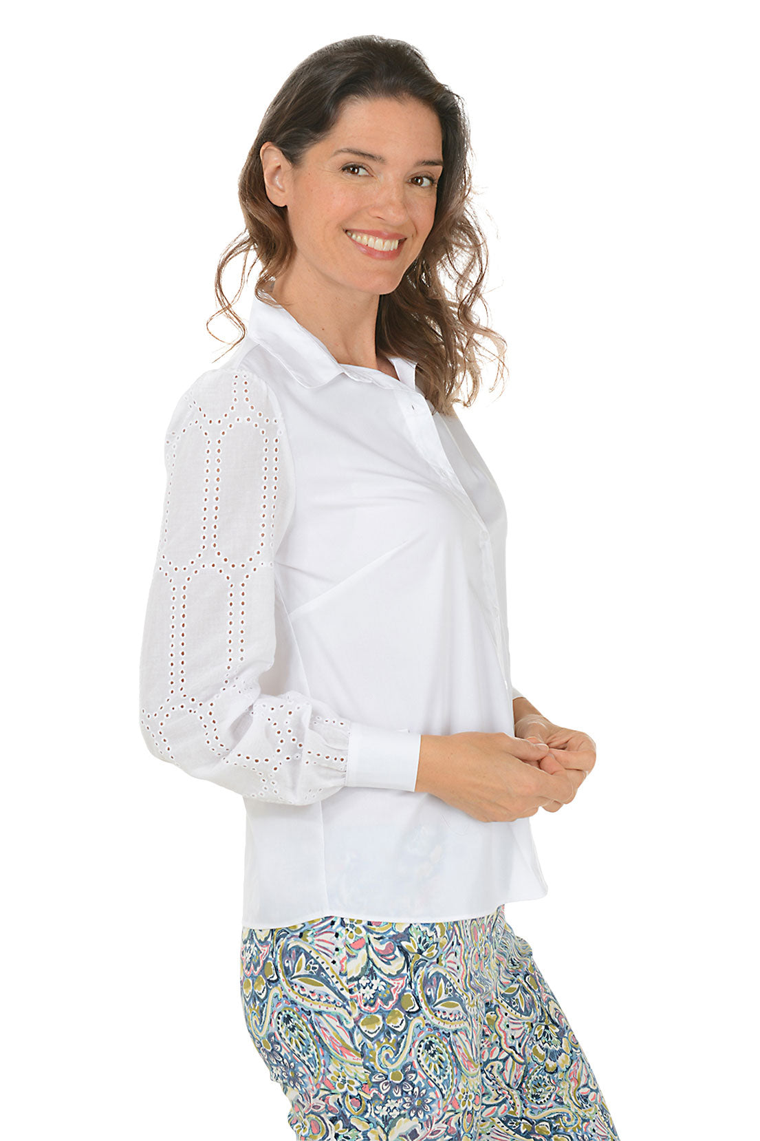 Stylish Eyelet Sleeve Shirt for Women - Breathable Summer Blouse with Lace Detailing - Perfect for Beach Outings, Date Nights & Office Wear