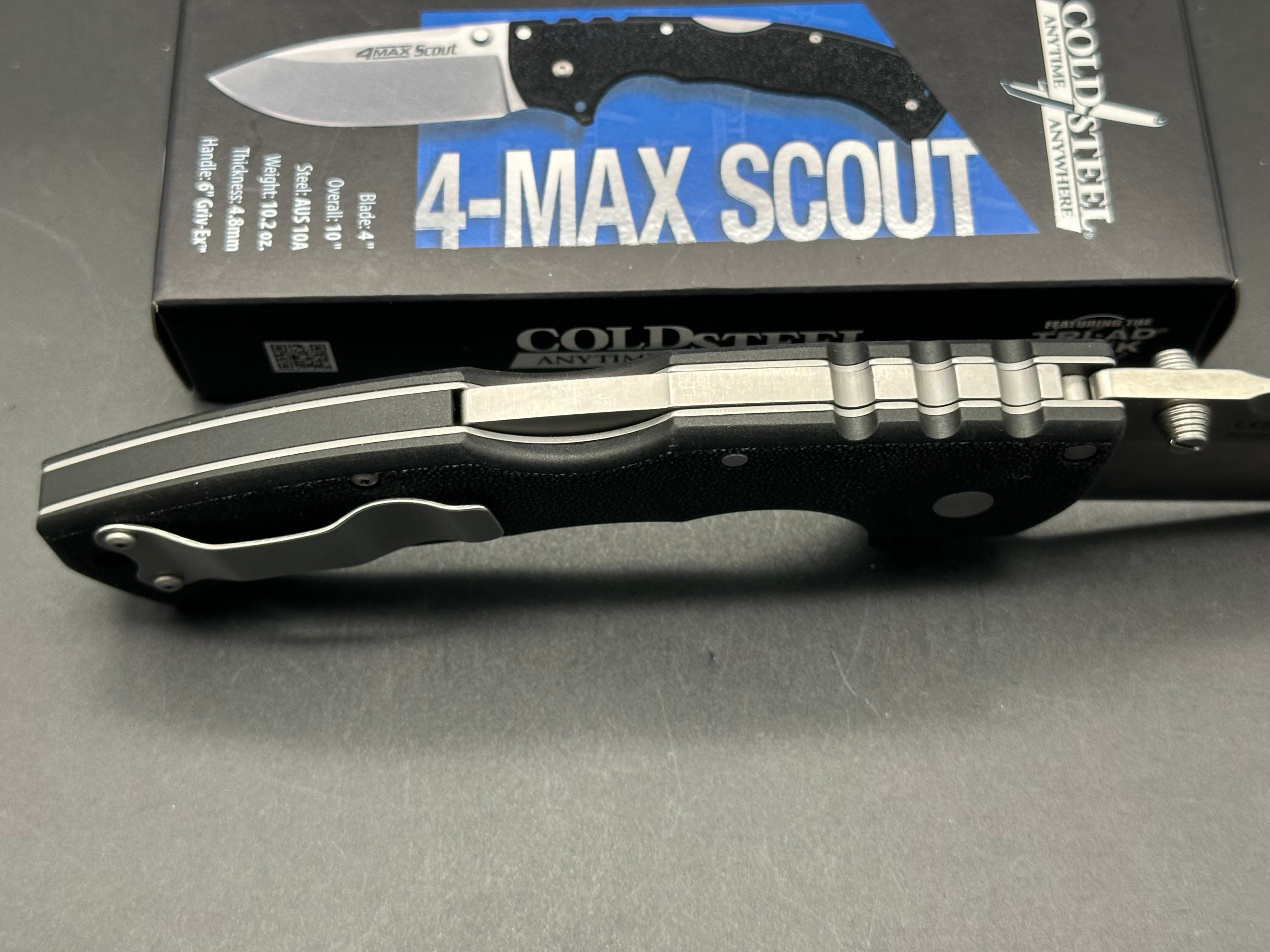 Cold Steel 4 Max Scout Tri-Ad Lock Folding Knife - Black Griv-Ex Handle, Stonewashed Blade - Outdoor Survival, Camping, Hunting, EDC Gear