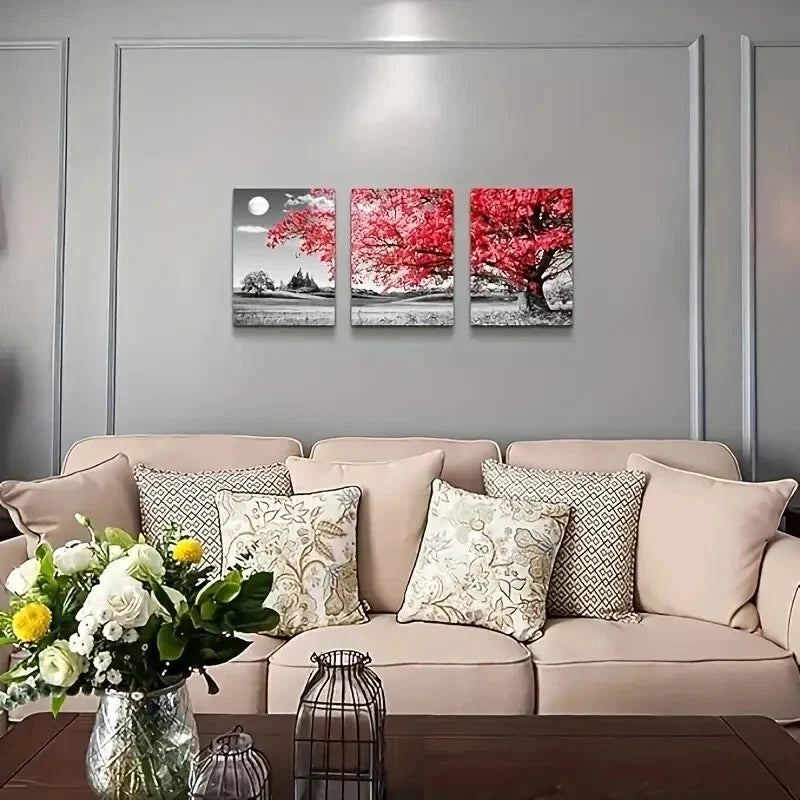 3-Piece Black and White Red Tree Moon Landscape Metal Wall Art - Ready to Hang Modern Home Decor for Living Room, Bedroom & Office