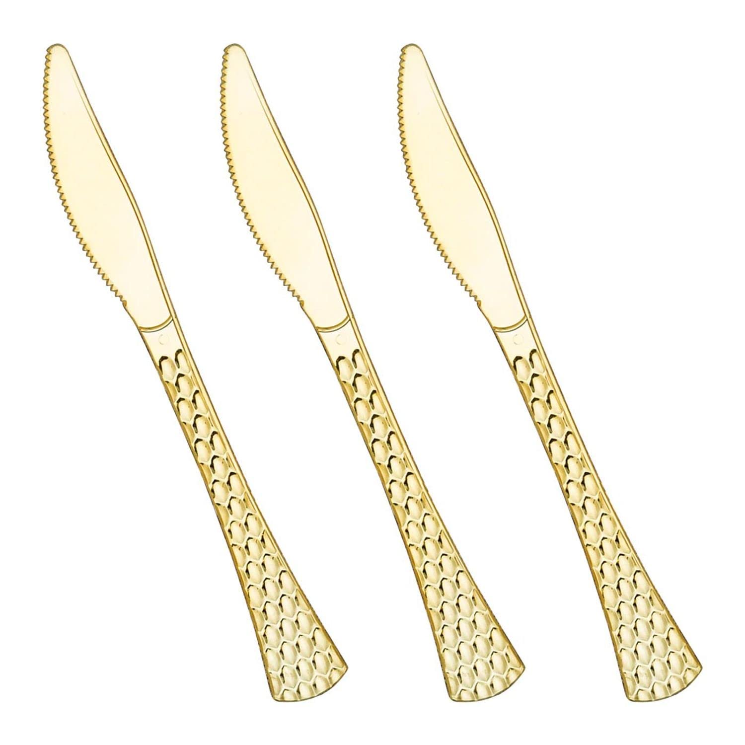 Premium Disposable Plastic Cutlery Set - Elegant Gold Flatware for Parties, Weddings & Events | Heavy Duty Glamorous Cutlery Bulk Pack (600 Knives) | Perfect for Birthday Celebrations, Bridal Showers & Catering Services