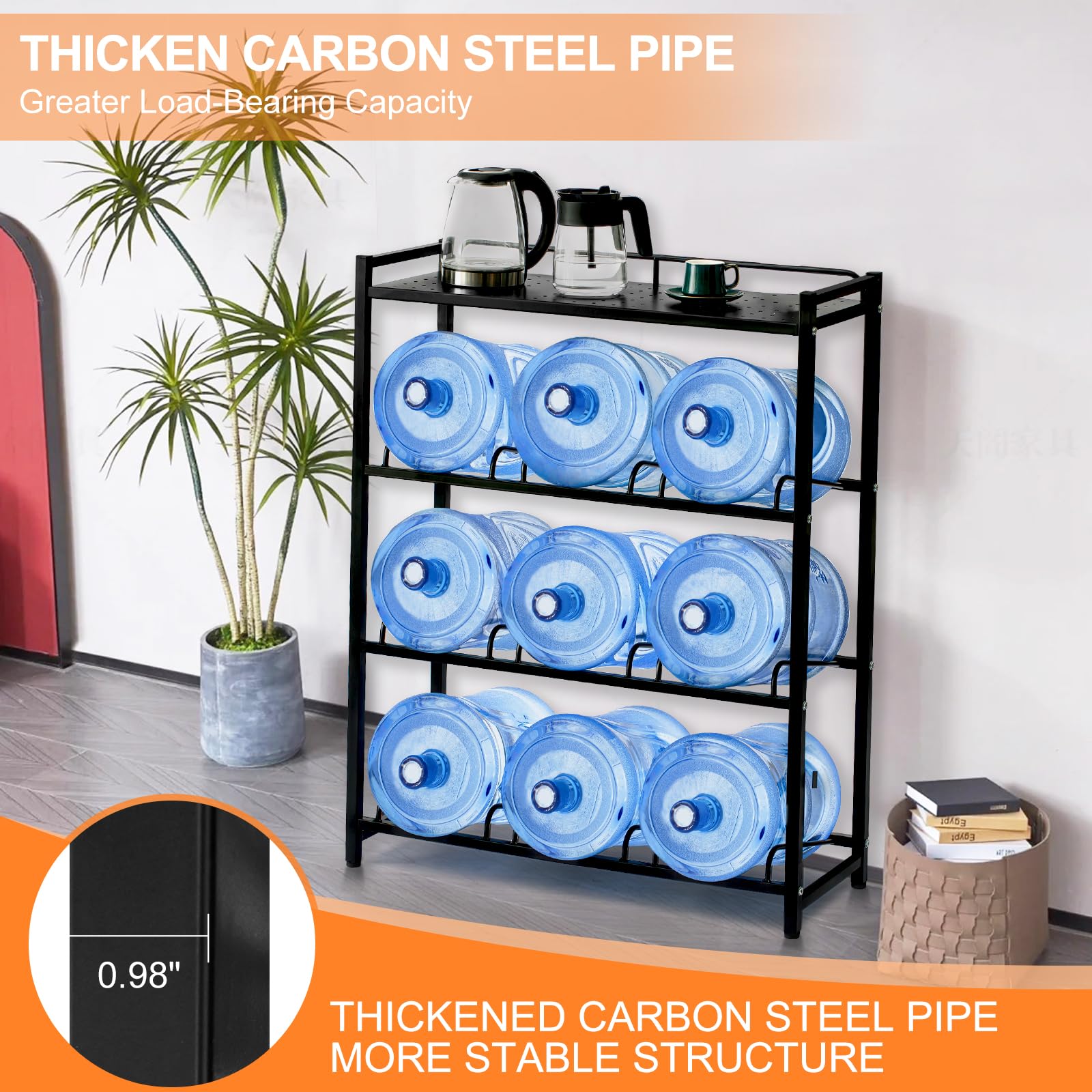5 Gallon Water Bottle Jug Holder - 4 Tier Heavy Duty Cooler Storage Rack with Top Shelf Organizer | Space Saving Solution for Home, Office & Breakroom | Perfect for Water Dispensers, Pantry Organization & Commercial Use (Black)