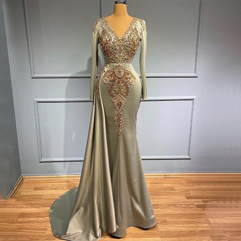 Luxury Elegant Beaded Satin Muslim Mermaid Evening Dress for Women - Brown Overskirt Gown for Party, Wedding & Special Occasions - Serene Hill Collection LA71529